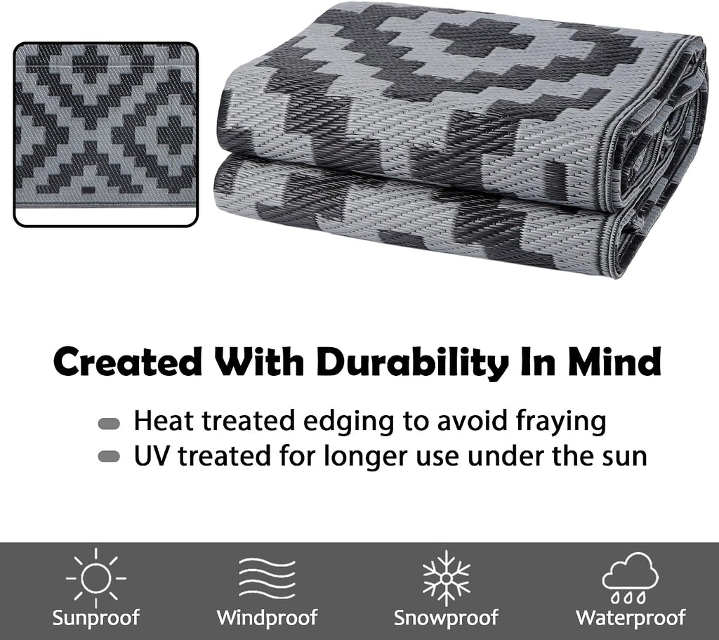 SAND MINE Waterproof Outdoor Rug 5x8 ft, Plastic Reversible Rug, Modern Area Rug, Large Floor Mat for Outdoors, RV, Patio, Backyard, Deck, Picnic, Beach, Camping, Black Grey Lattice