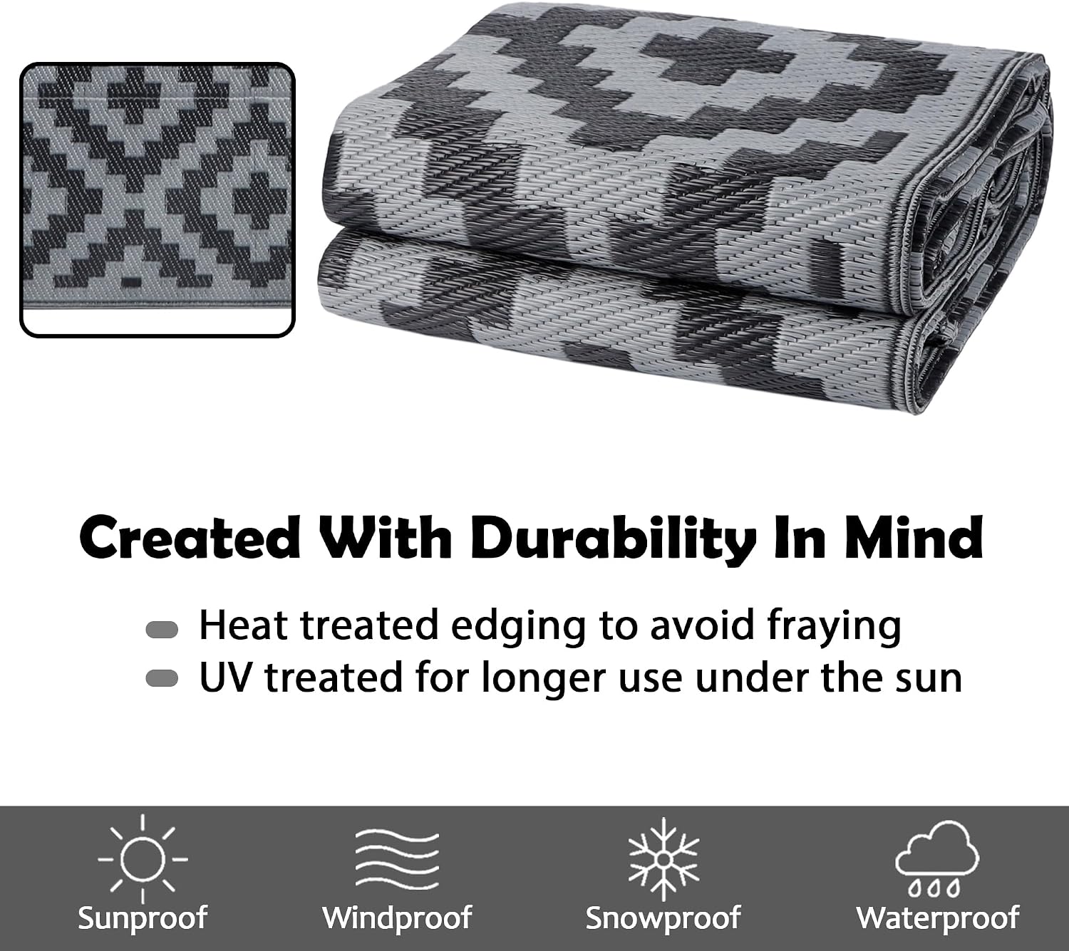 SAND MINE Waterproof Outdoor Rug 5x8 ft, Plastic Reversible Rug, Modern Area Rug, Large Floor Mat for Outdoors, RV, Patio, Backyard, Deck, Picnic, Beach, Camping, Black Grey Lattice