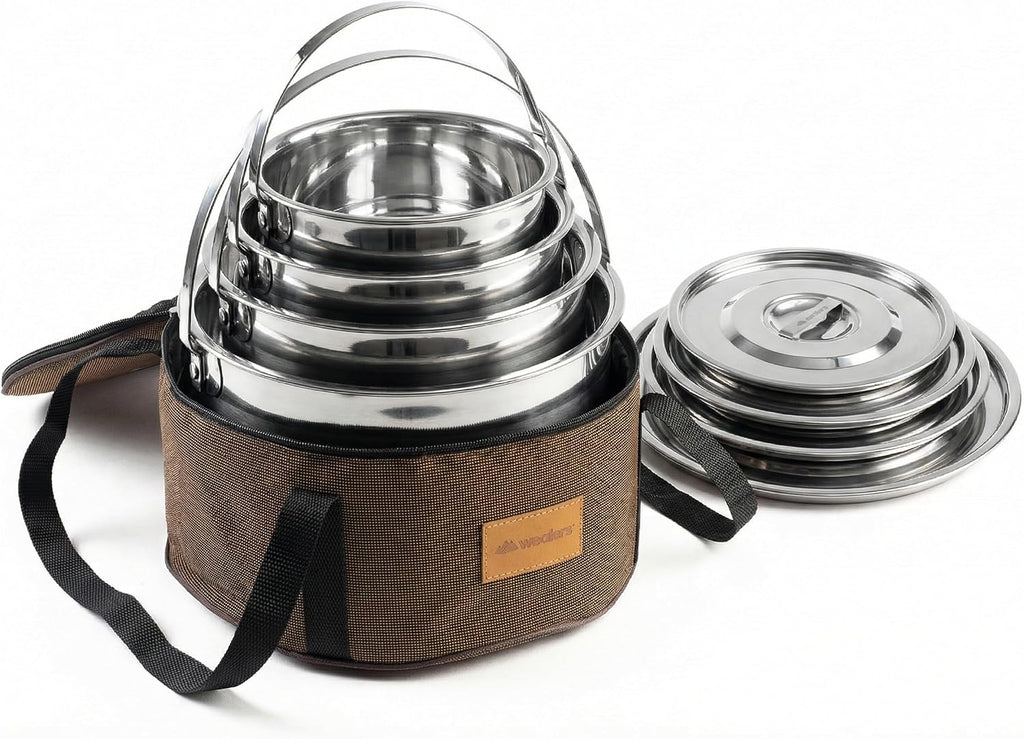 Wealers Camping Cookware Set - Compact Stainless Steel Campfire Cooking Pots and Pans | Combo Kit with Travel Tote Bag | Rugged Outdoor Cook Set for Hiking | Barbecues | Beach