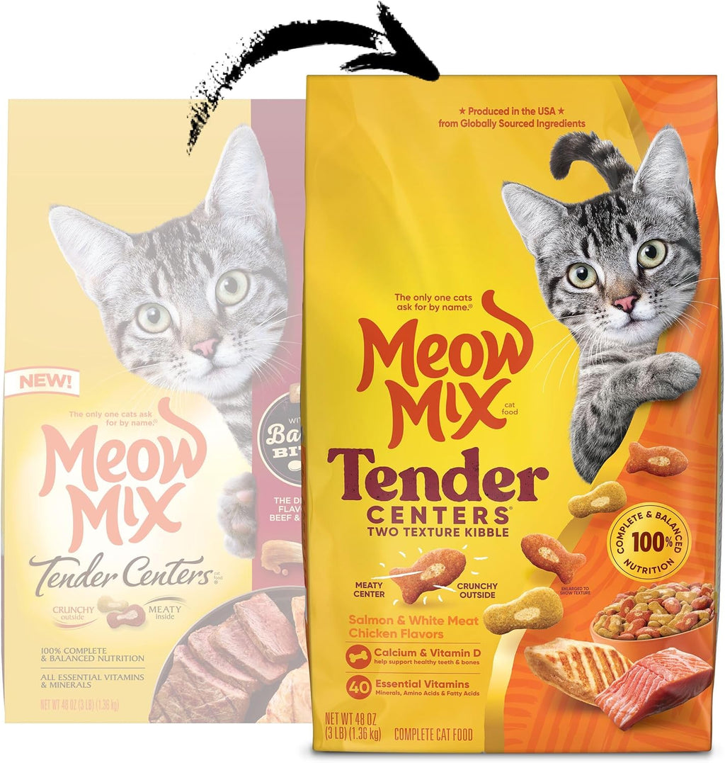 Meow Mix Tender Centers, Salmon & White Meat Chicken Flavors, 4 Bags