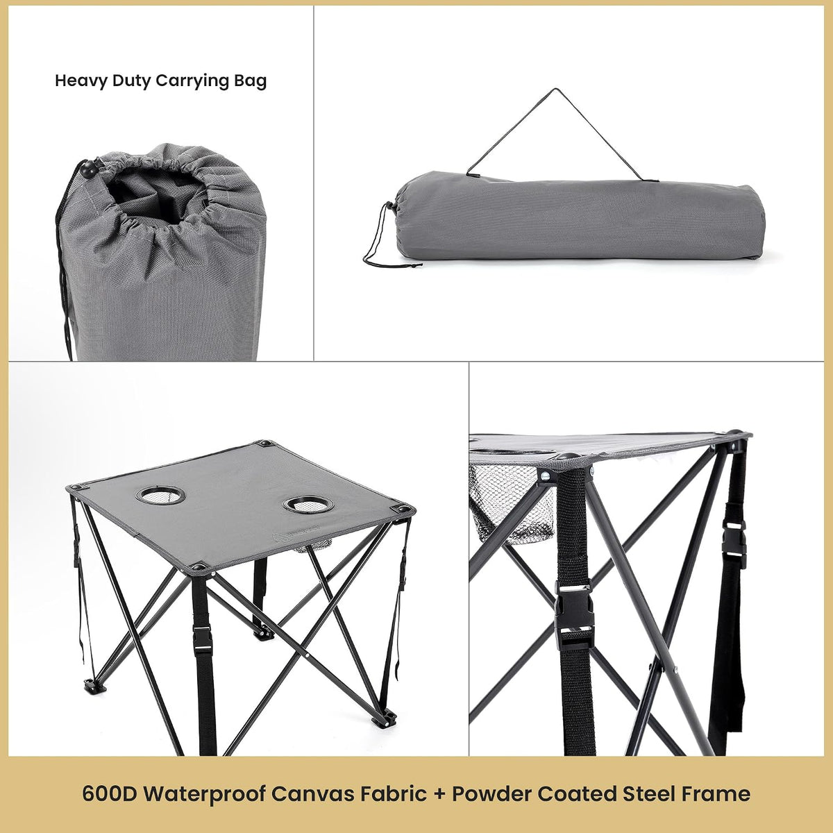 ARROWHEAD OUTDOOR 26” (66cm) Portable Camping Folding Table, 2 Cup Holders, Square, Carrying Case, Steel Frame, High-Grade 600D Canvas
