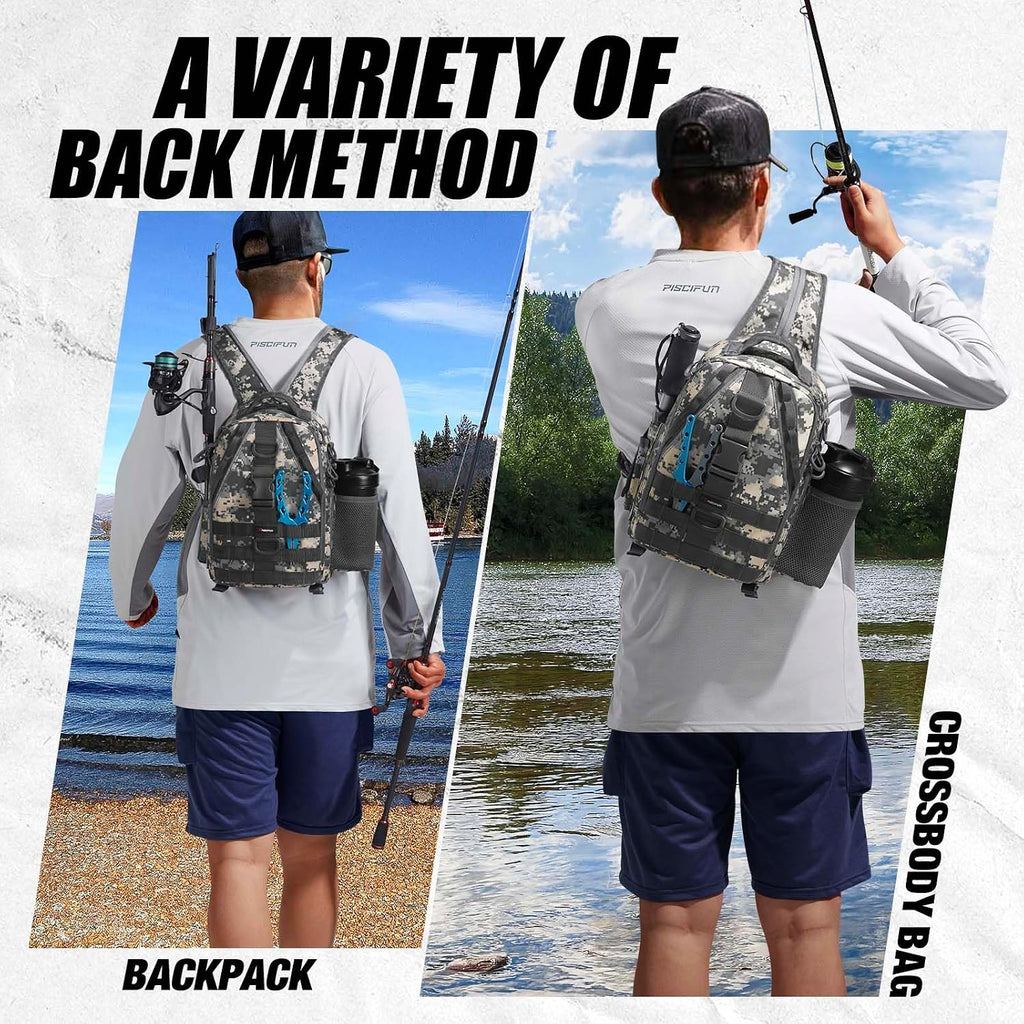 Piscifun Fishing Backpack, Rod Holders, Lightweight Sling Bag, Digital Camo