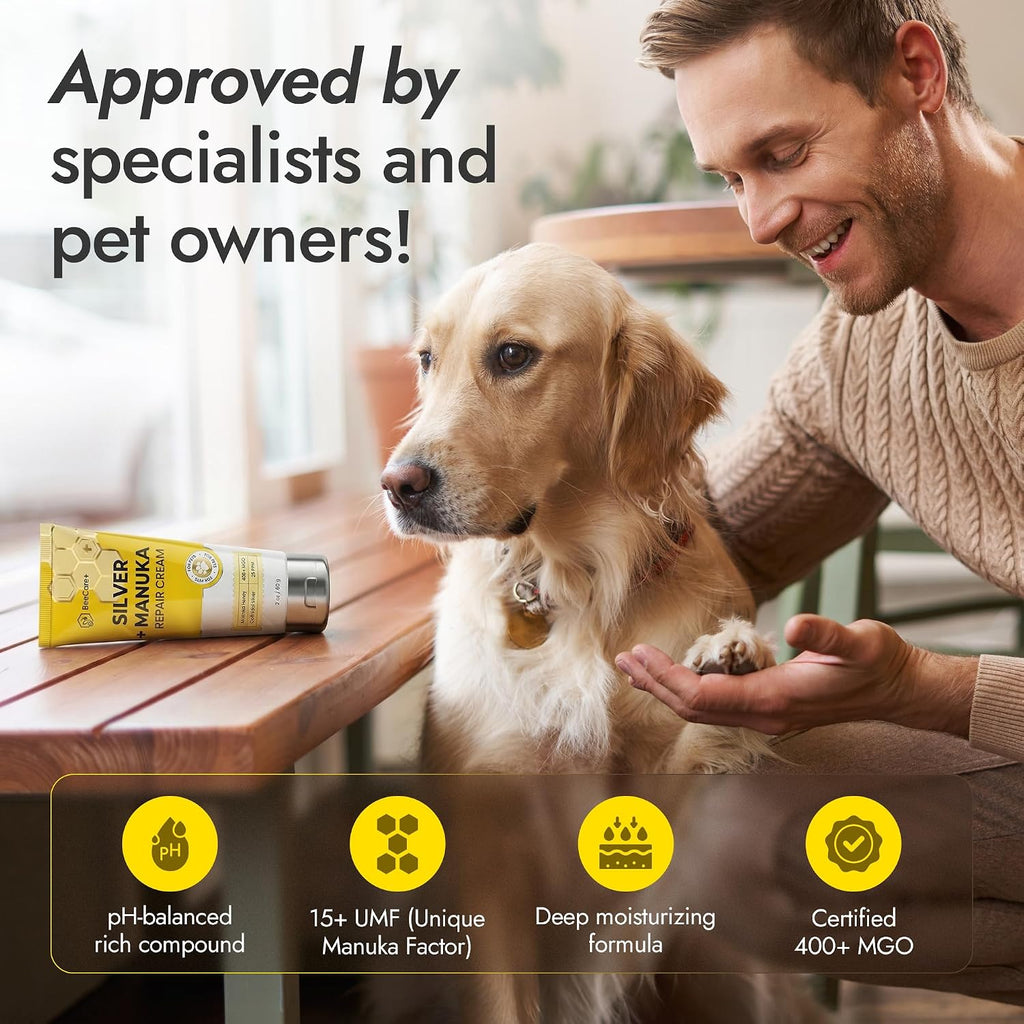 Silver + Manuka Repair Cream for Hot Spot Treatment for Dogs – Helps with Scratches, Irritations, Bites & Cuts – Cat Wound Care Ointment for Dry Skin – Suits for All Pet Breeds, Ages & Sizes – 2 oz