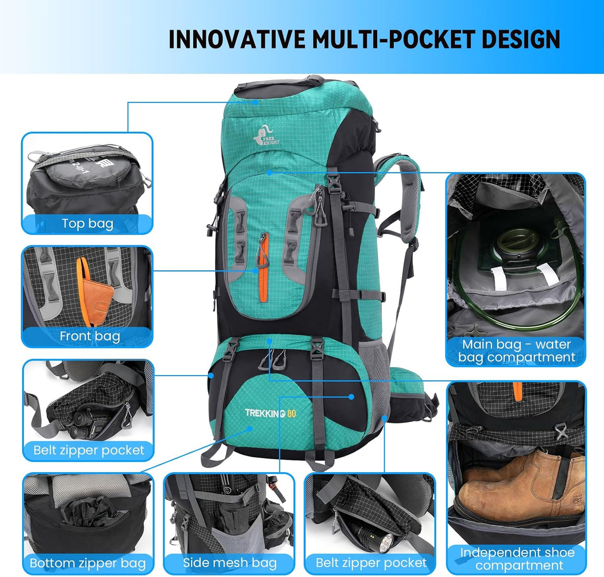 Bseash 80L Waterproof Hiking Camping Backpack with Rain Cover, Lightweight Outdoor Sport Travel Daypack for Climbing Touring