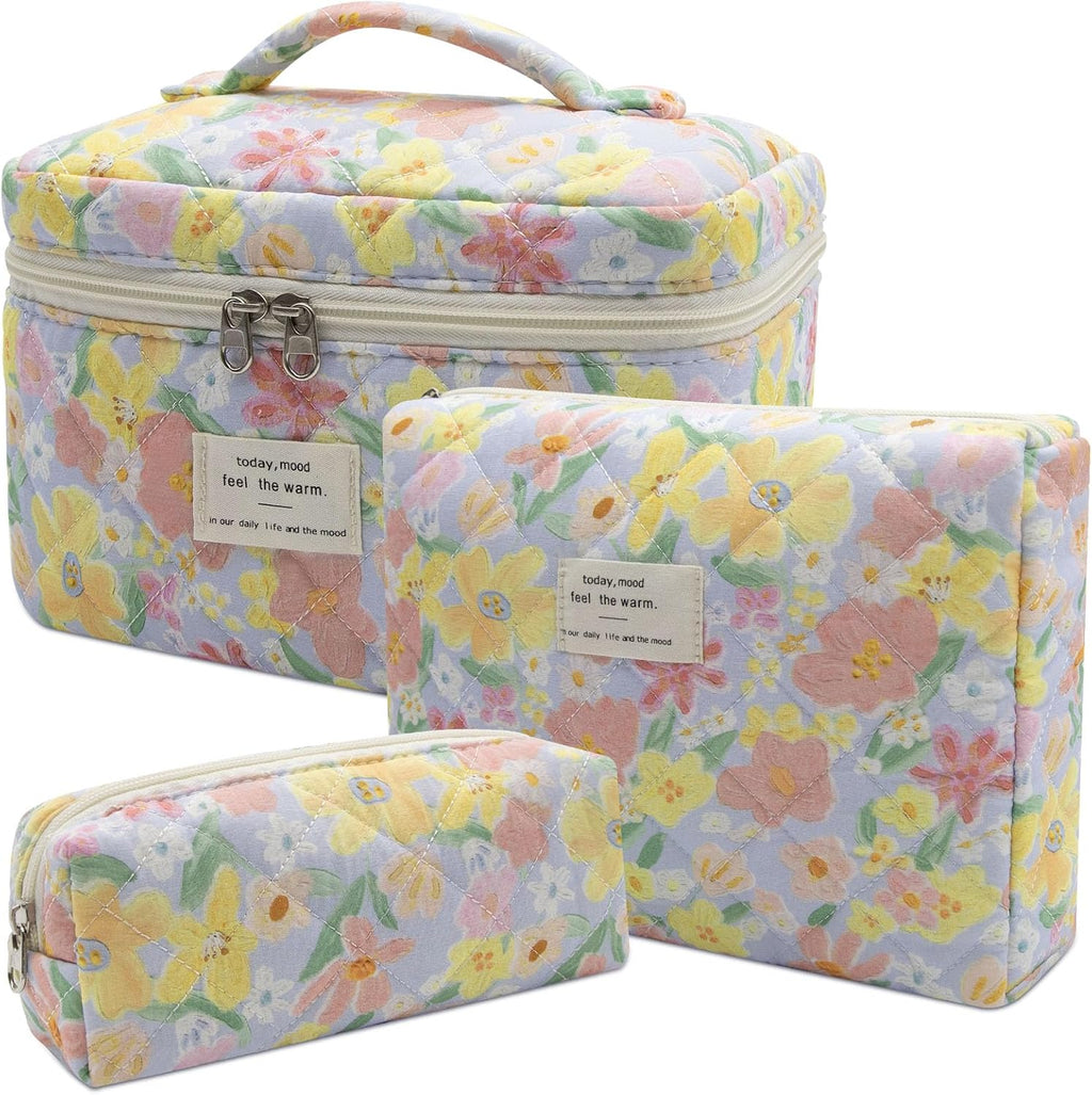 Gosect Large Makeup Bag Set, Quilted Makeup Bag, Floral Cosmetic Bag for Women, Cute Cotton Makeup Bags, Flower Travel Toiletry Organizer Bag (white)