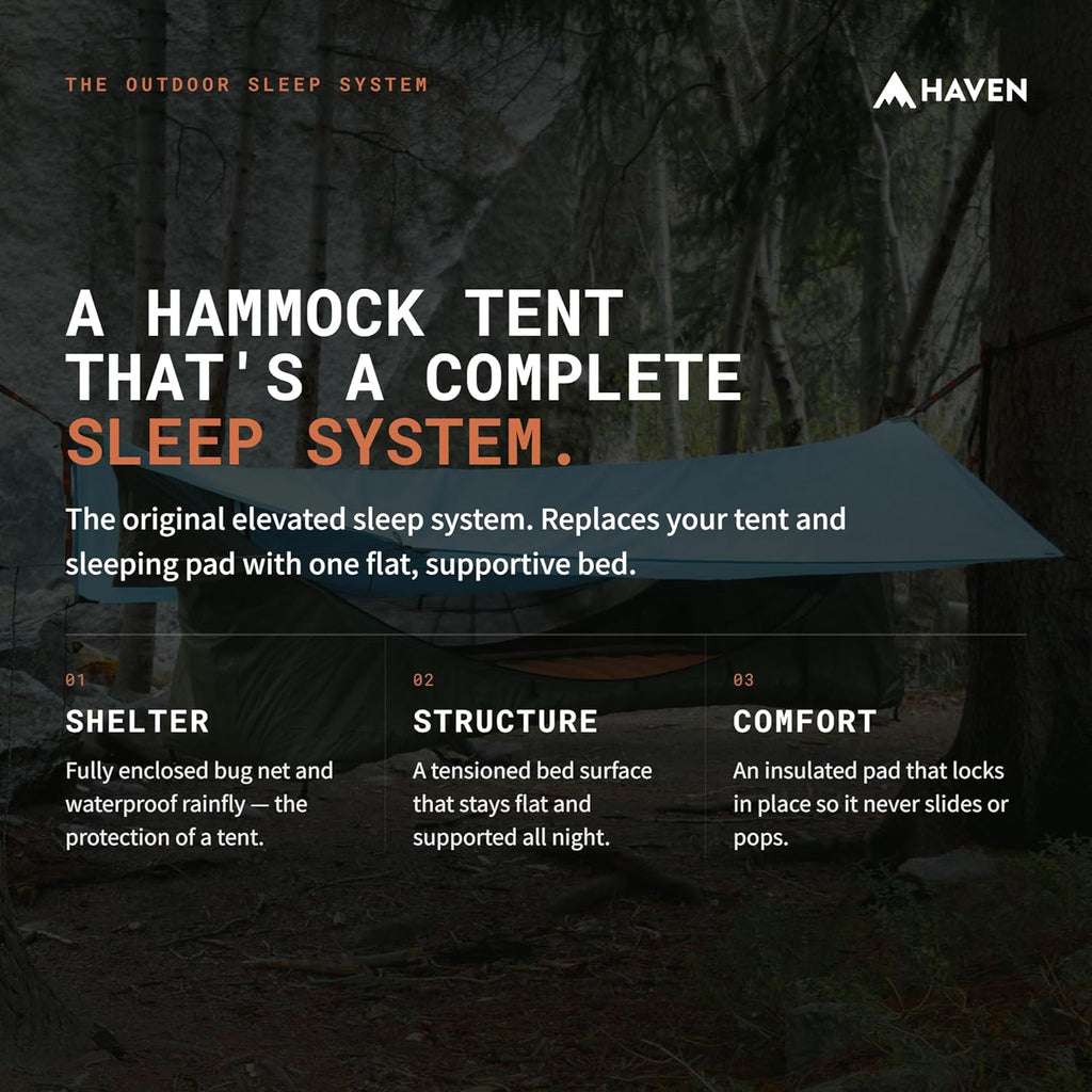 Haven Tents Lay Flat Hammock Tent - Waterproof Camping Hammock with Mosquito Net, Insulated Pad and Rainfly - Haven Tent, Haven XL, Haven Safari