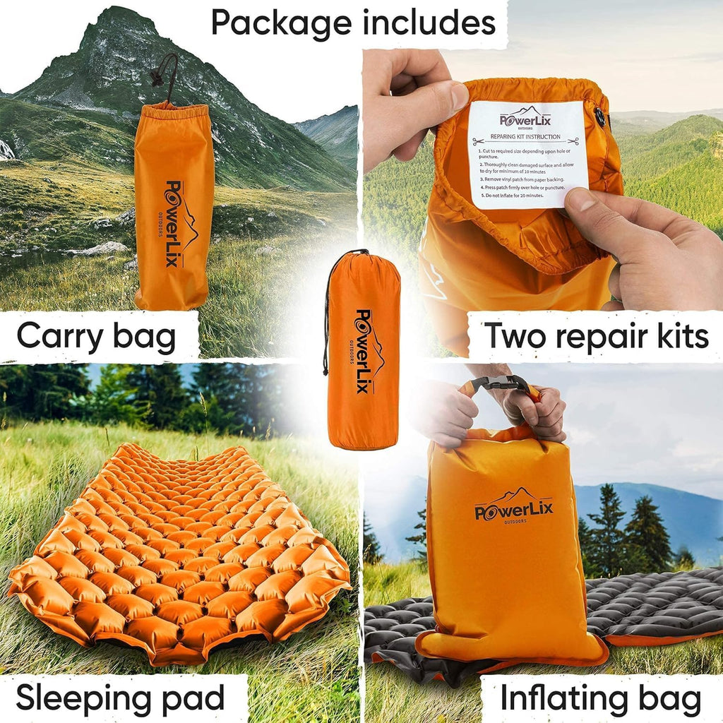 POWERLIX Ultralight Inflatable Camping Sleeping Pad - Camping Mattress for Backpacking, Hiking, Compact Lightweight Sleeping Mat for Camping, Inflation Bag/Repair Kit Included