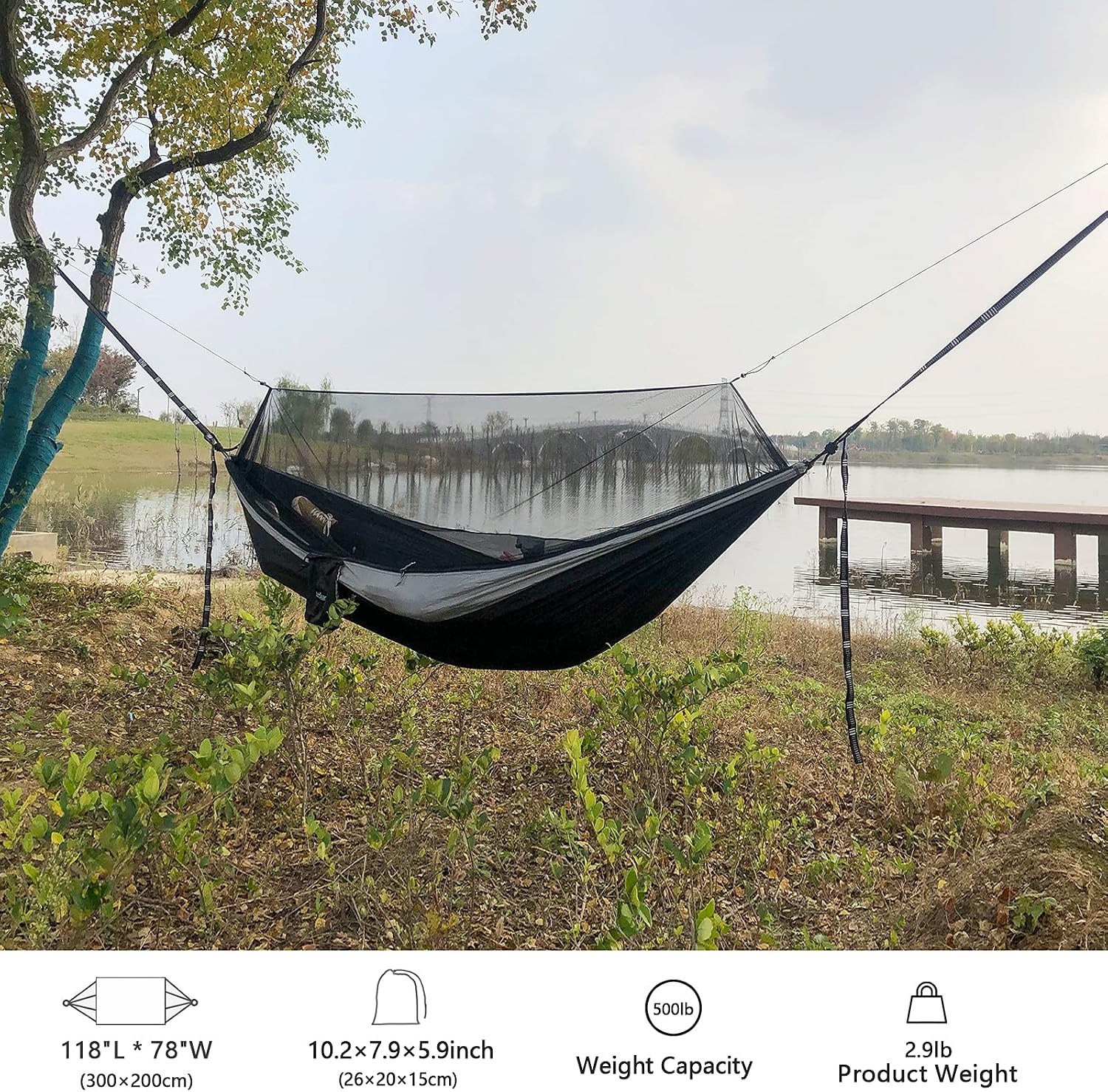 Sunyear Hammock Camping with Net/Netting, Portable Camping Hammock Double Tree Hammock Outdoor Indoor Backpacking Travel & Survival, 2 Tree Straps (16+1 Loops Each, 20Ft Total)
