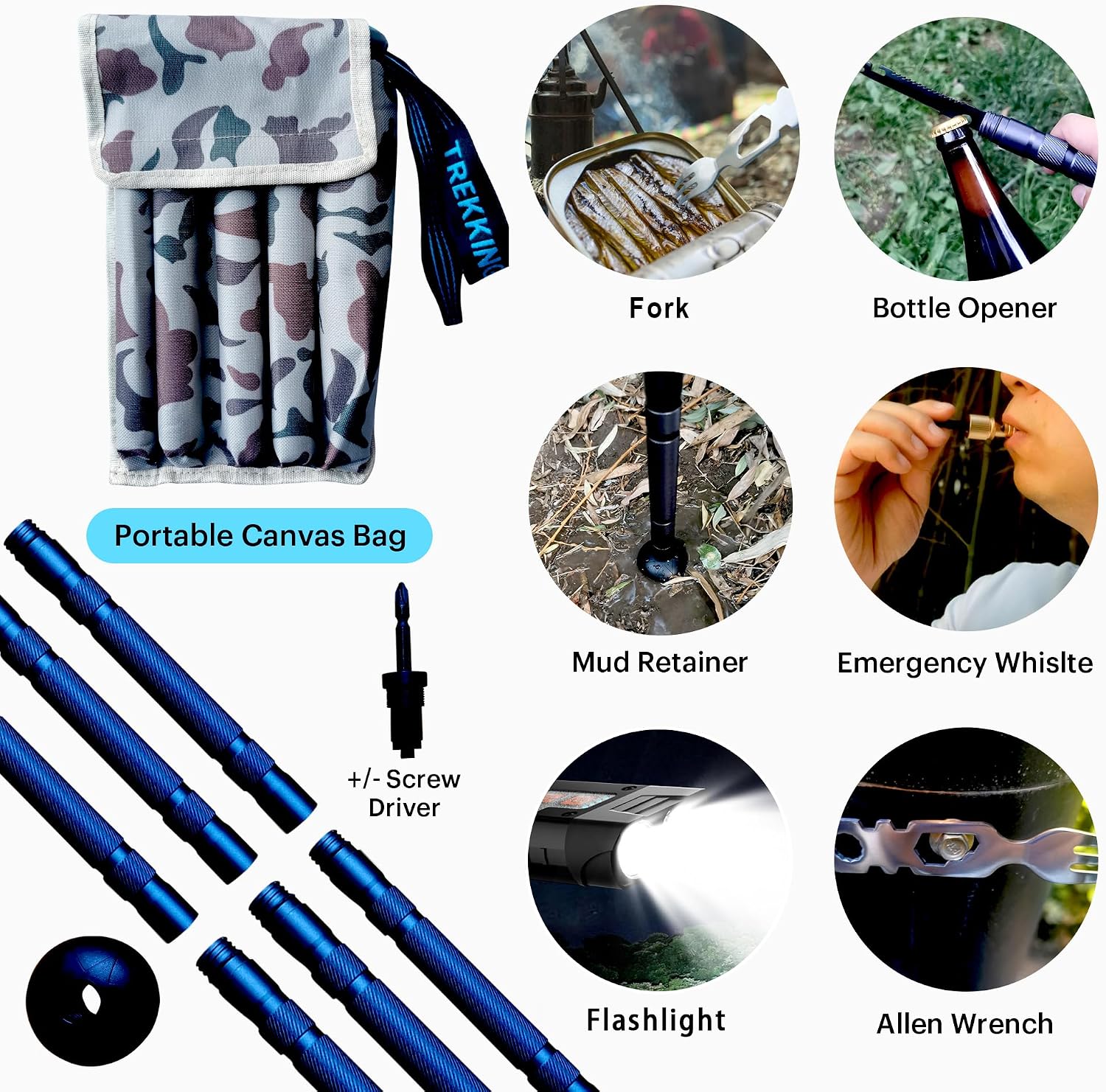 Versatile Trekking Pole with Accessories - Ideal for Hiking with Excellent Foam Grip Lightweight, Durable Tungsten Carbon Tip. Adjustable Length, Collapsible, Canvas Carry Bag