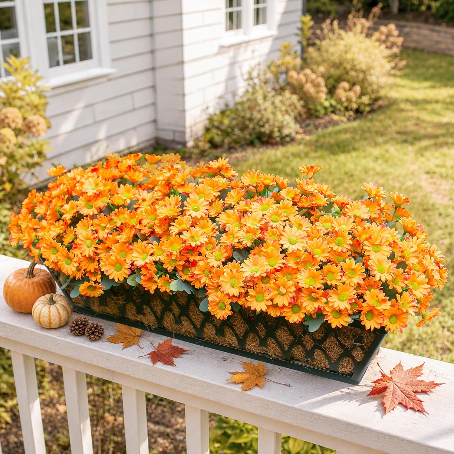 Daisy Artificial Flowers for Outdoors Autumn Fall Decor, 6 Bundles Fake Mums Orange Silk Flowers for Outside Look Real UV Resistant Fake Plants Faux Flowers for Planter Front Door Home Indoor Porch