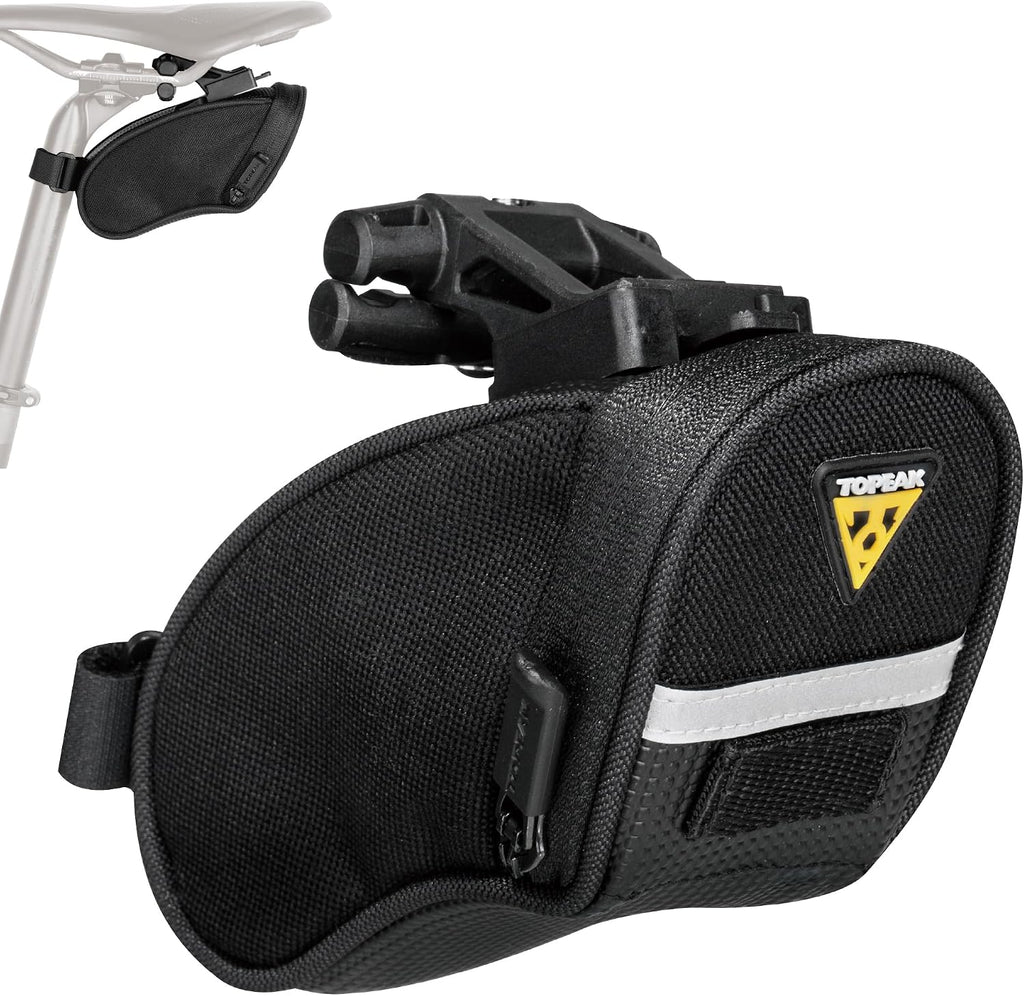 Topeak Aero Wedge Pack with Fixer F25 (Small), Compact Aerodynamic Bike Saddle Bag with QuickClick Mount, Durable 1000D Nylon, Reflective Strip, Safety Light Clip
