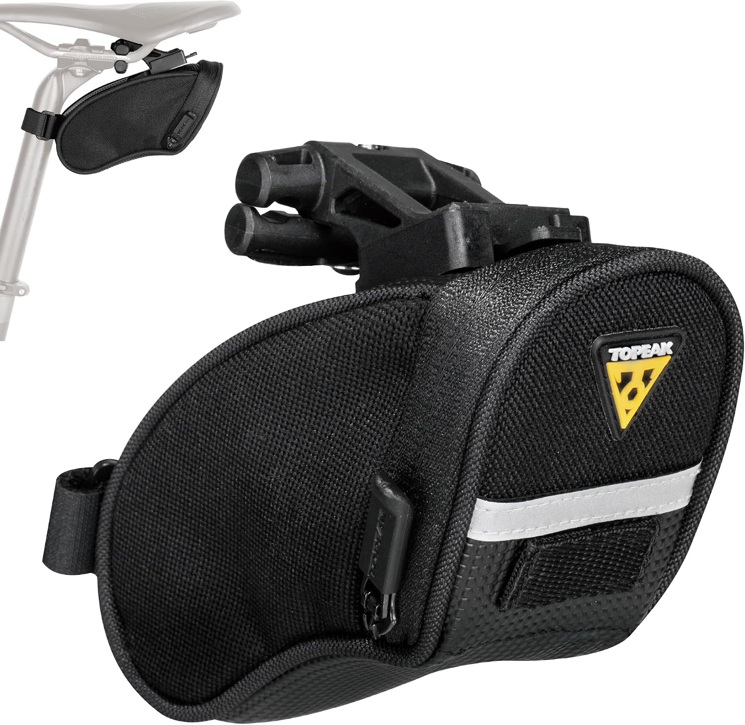 Topeak Aero Wedge Pack with Fixer F25 (Small), Compact Aerodynamic Bike Saddle Bag with QuickClick Mount, Durable 1000D Nylon, Reflective Strip, Safety Light Clip