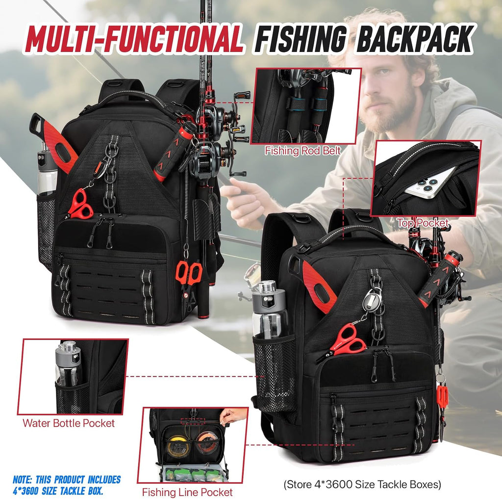 Fishing Tackle Backpack,Tackle Bags with 2 Rod Holders & 4 Tackle Boxes, Water-Resistant Large Tackle Bag Storage Bag for Fishing Gear, Fisher Gifts for Men, Black