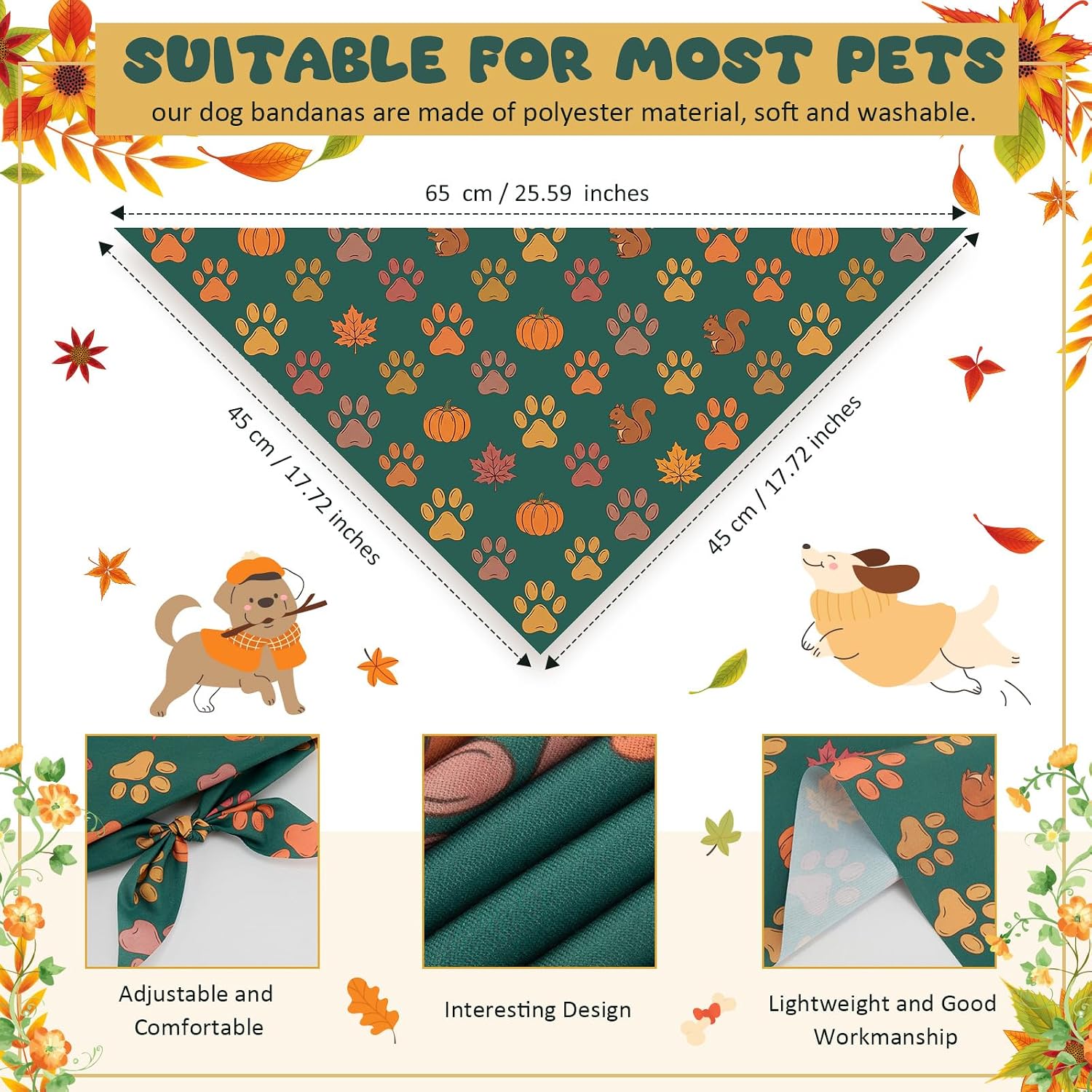 Preboun 50 Pcs Fall Paw Print Dog Bandanas Bulk Autumn Bandanas for Dogs Triangle Kerchief Bibs Scarf Set for Pet Fall Harvest Party Costume Photo Props Accessories, 25 Styles (25.6 x 17.7 x 17.7)