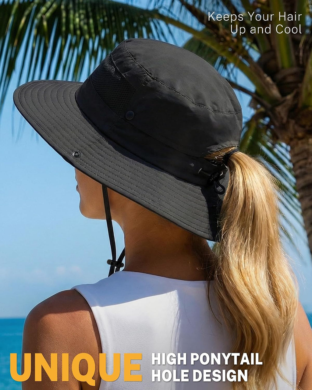 Women's Sun Hat Sun Protection Wide Brim Bucket with Ponytail Hole Summer