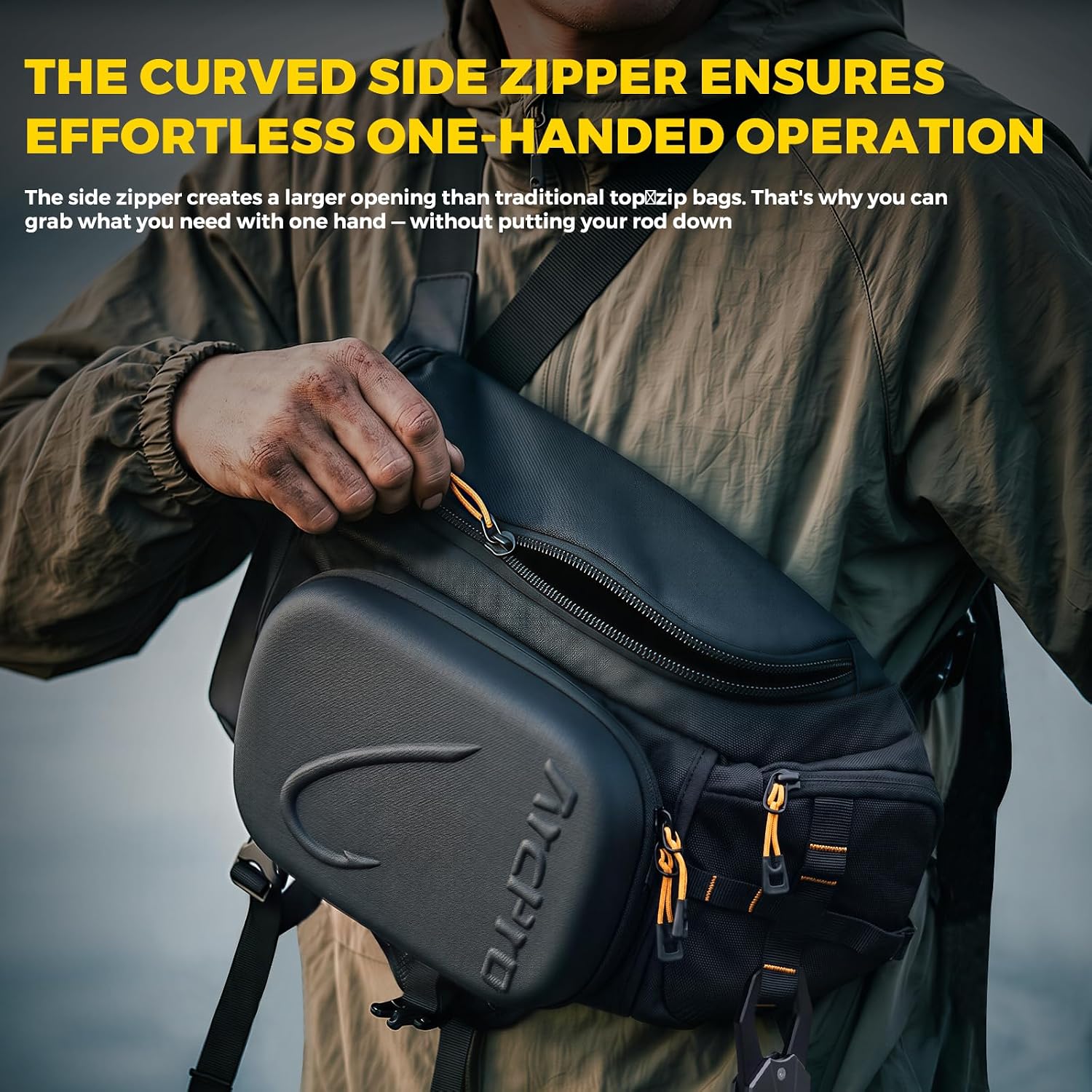 Fishing Sling Pack, EVA Hardshell with Foldable Workstation, Water-Resistant Convertible Front/Back Tackle Bag for 2×3600 Trays, Saltwater Freshwater Crossbody