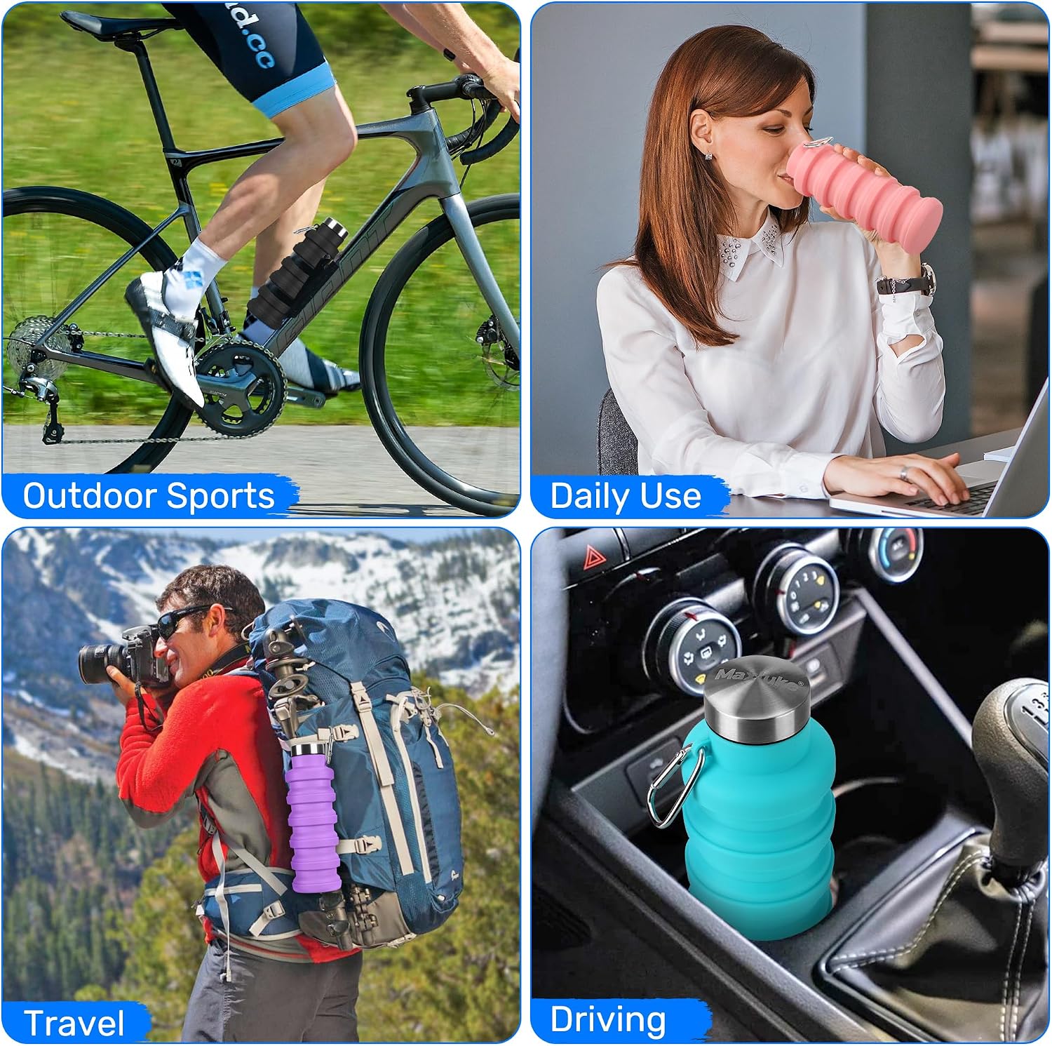 Collapsible Water Bottle, 16oz Portable Reusable Silicone Water Bottle with Carabiner for Gym, Travel, Camping, Hiking, Sports, Lightweight, BPA-Free, Leak-Proof, Foldable Design(Black+Blue)