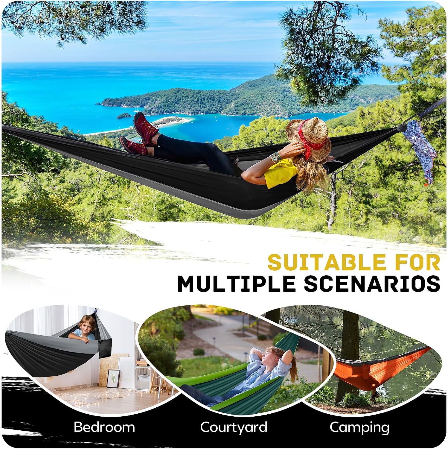 Camping Hammock Lightweight, Portable Hammocks Parachute Hammock with Two Tree Straps, Single or Double Travel Swing Nylon Camp Hammocks, Outdoor Essentials for Beach Backpacking Hiking, Orange