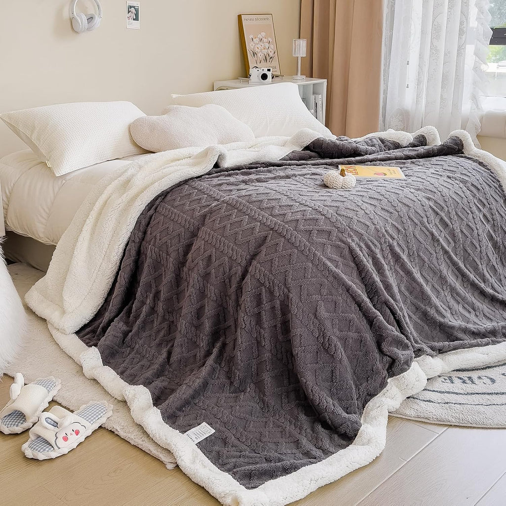 Full Size Reversible Sherpa Fleece Soft Blanket for Couch,Dark Gray,80"x90"