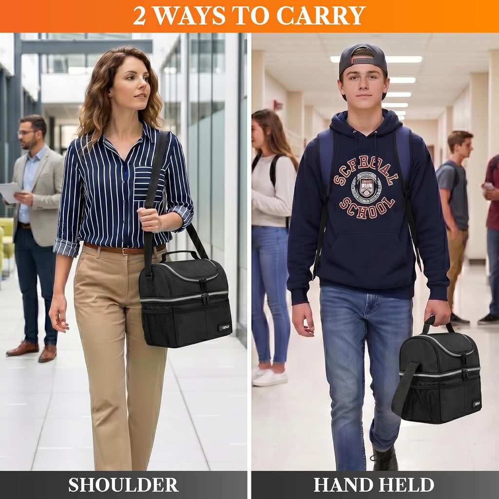 opux Insulated Lunch Bag for Men Women, Double Decker Leakproof, Black