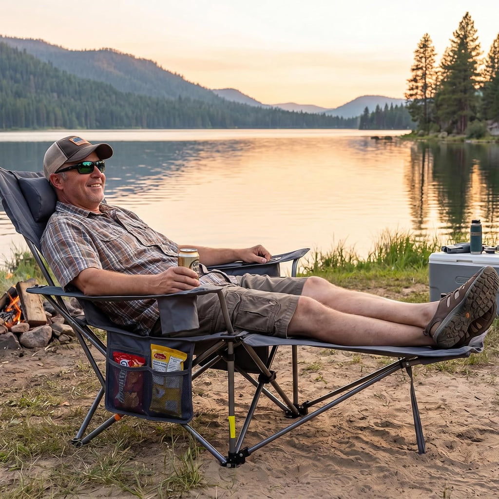 Romswi 2 Pack Reclining Camping Chairs with Removable Footrests, 4-Position Adjustable Lounge Chairs, 300 LBS Heavy Duty Folding Chairs with Cooler Bag, Cup Holder & Carry Bag, Grey