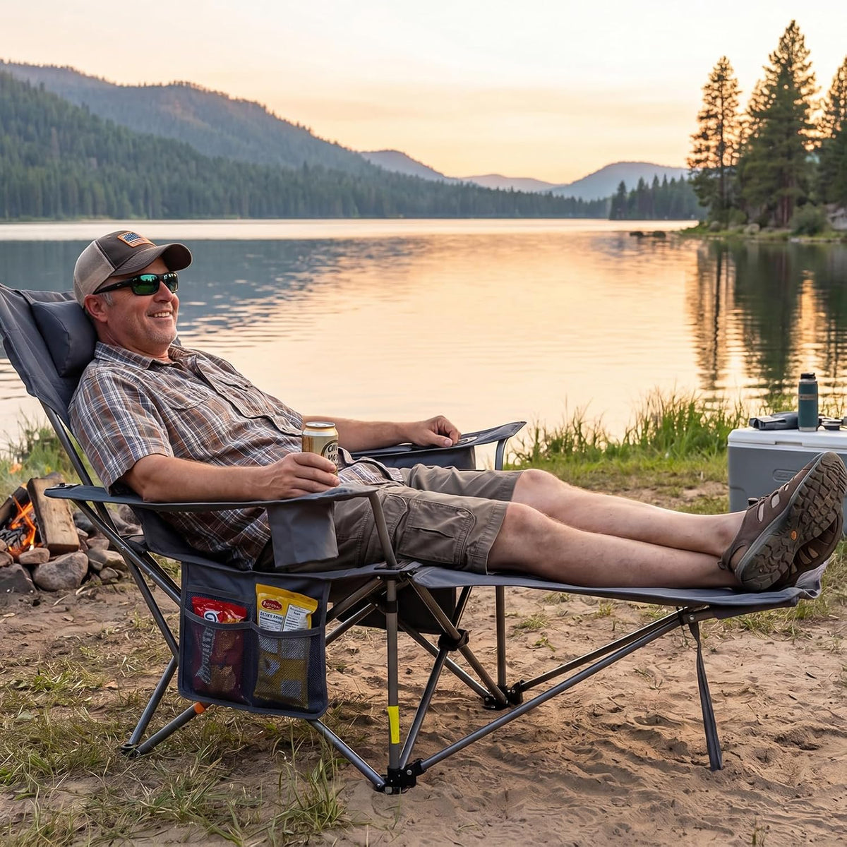 Romswi 2 Pack Reclining Camping Chairs with Removable Footrests, 4-Position Adjustable Lounge Chairs, 300 LBS Heavy Duty Folding Chairs with Cooler Bag, Cup Holder & Carry Bag, Grey