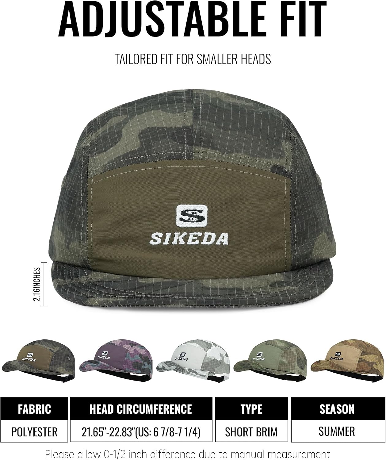 CLAPE Short Brim Baseball Cap for Men, Camouflage Quick-Dry 5 Panel Camper Hat Shapeable Low Profile Short Bill Cap