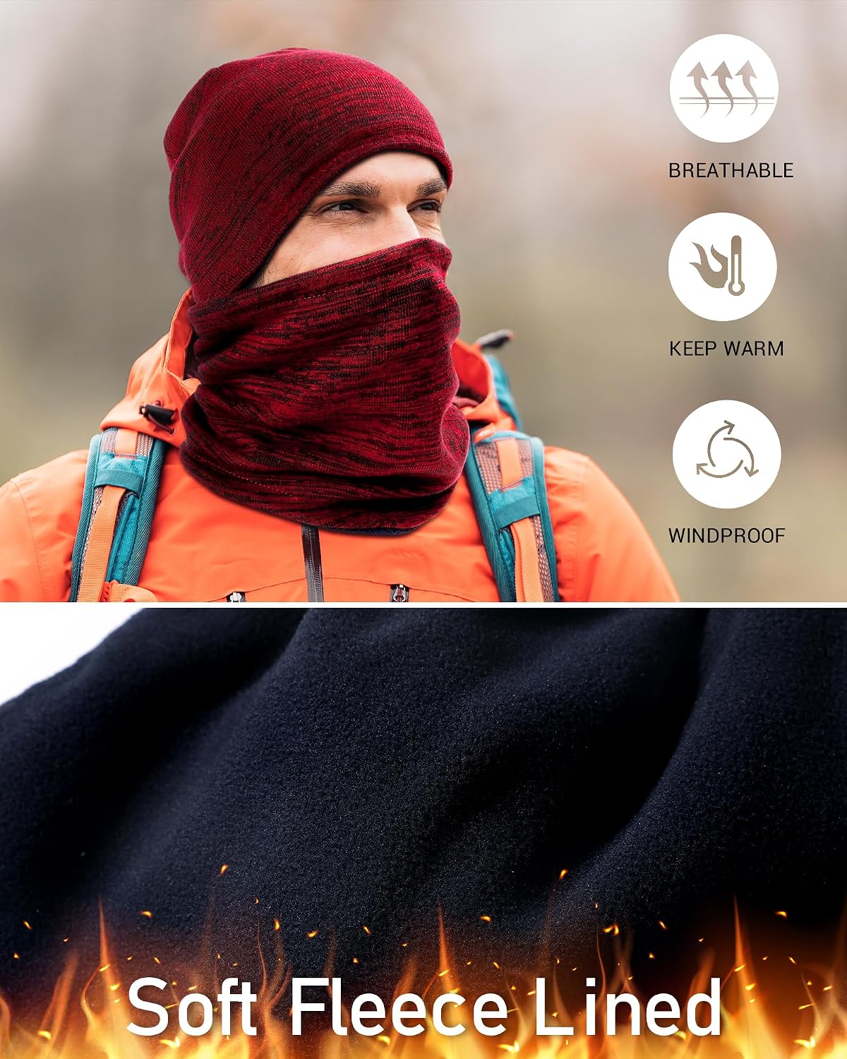 Winter Beanie Hat Scarf Set for Men Women Fleece Lined Warm Windproof Ski