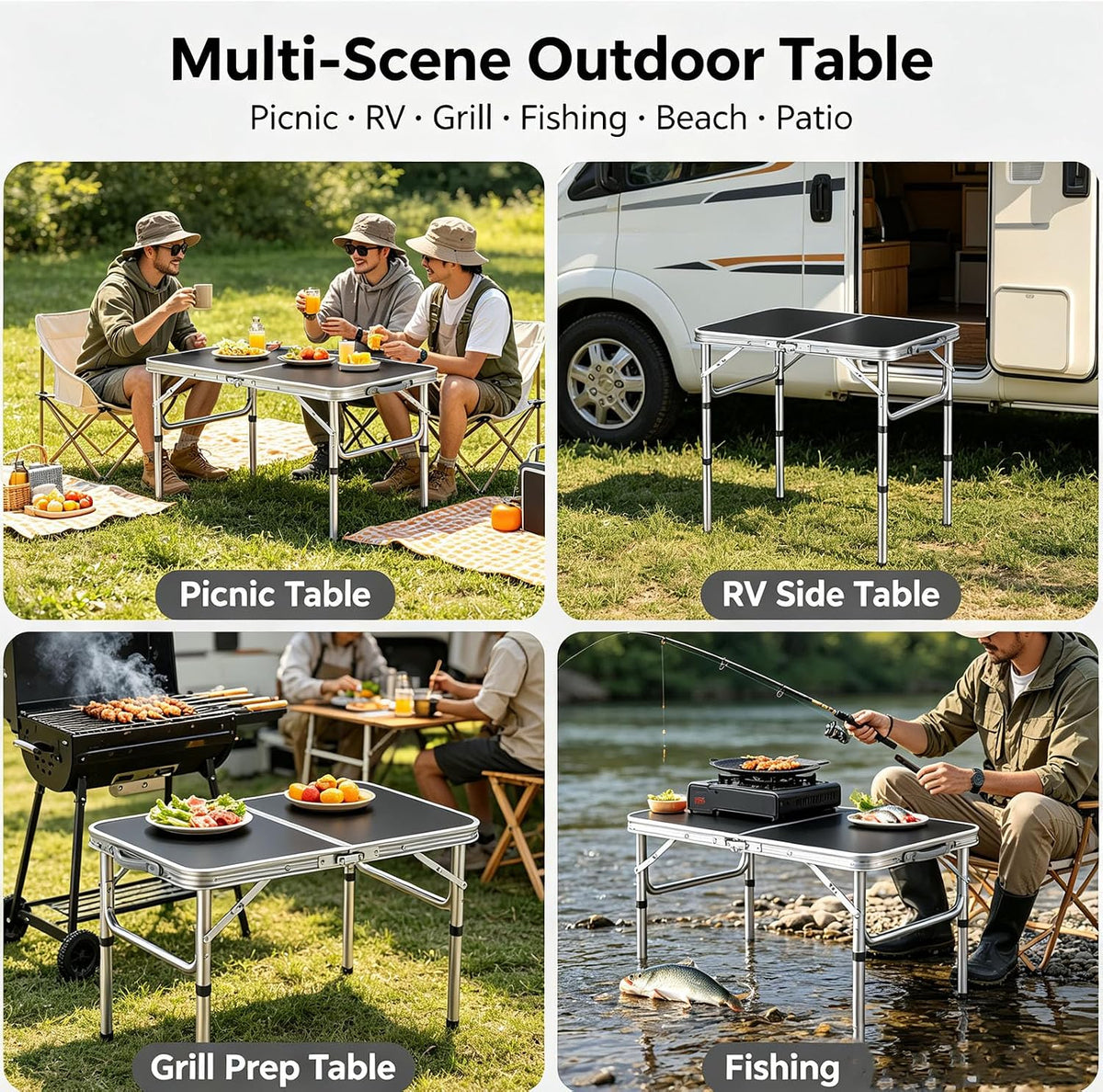 HOMGEN Folding Camping Table with 3 Heights Portable Outdoor Picnic Table MDF Desktop-Lightweight 2.25kg-Sturdy 66lbs for Picnic Beach RV Tailgate, Indoor Study Work Desk– Easy to Setup & Clean
