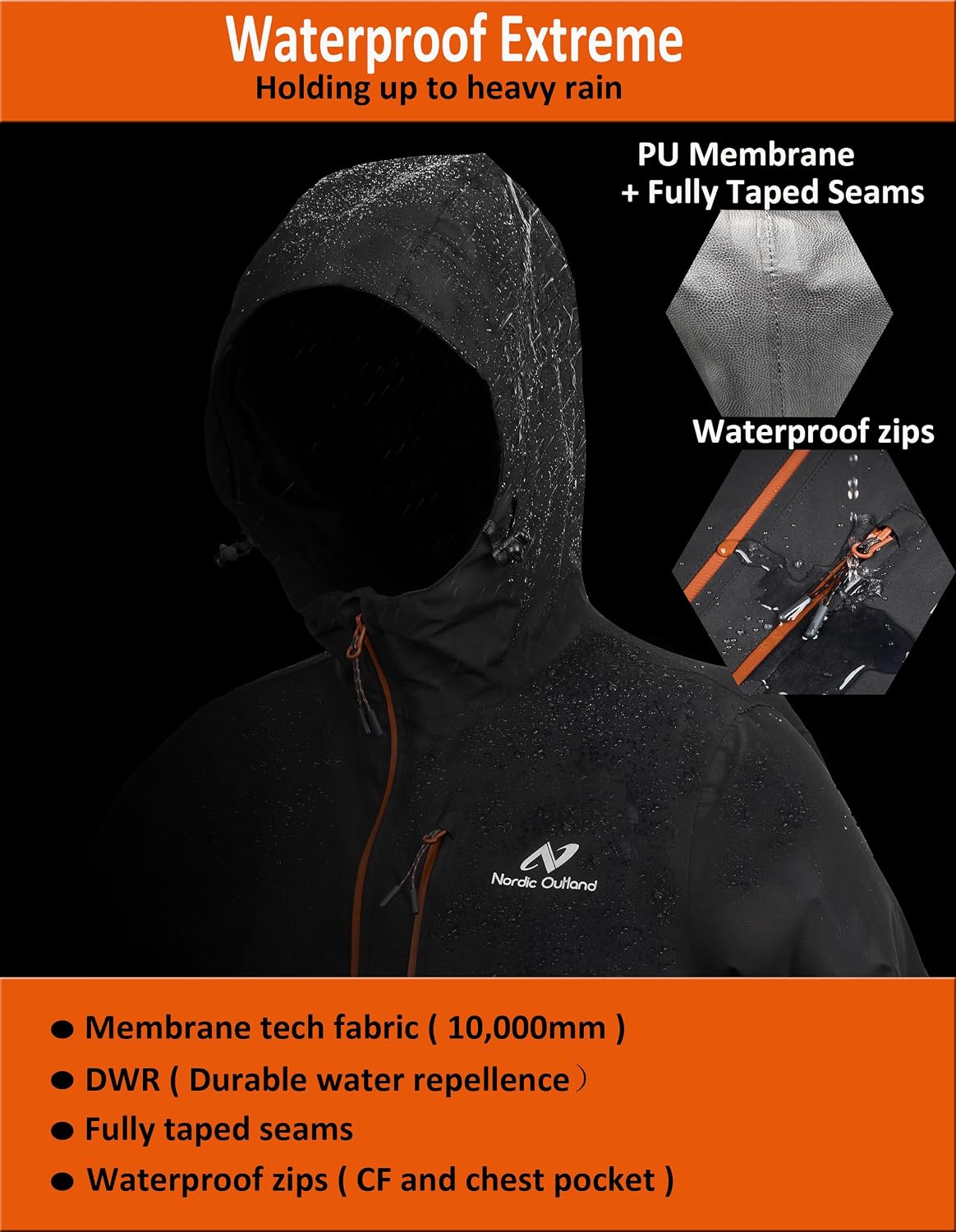 NORDIC OUTLAND Mens Lightweight Hooded Waterproof Rain Jacket Breathable Raincoat Shell for Outdoor Mountain Hiking