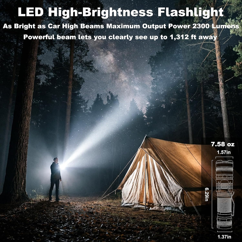 SuperFire Tactical Flashlight Rechargeable, USB-C 2300 Lumens LED Flashlight with Zoom, 5 Modes, IP46 Waterproof for Camping, Emergency & Power Outages
