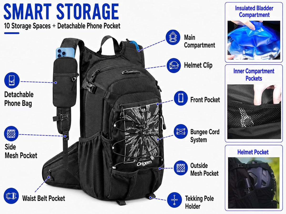 Origem 22L Hiking Hydration Backpack with 3L Bladder & Rain Cover Men Women