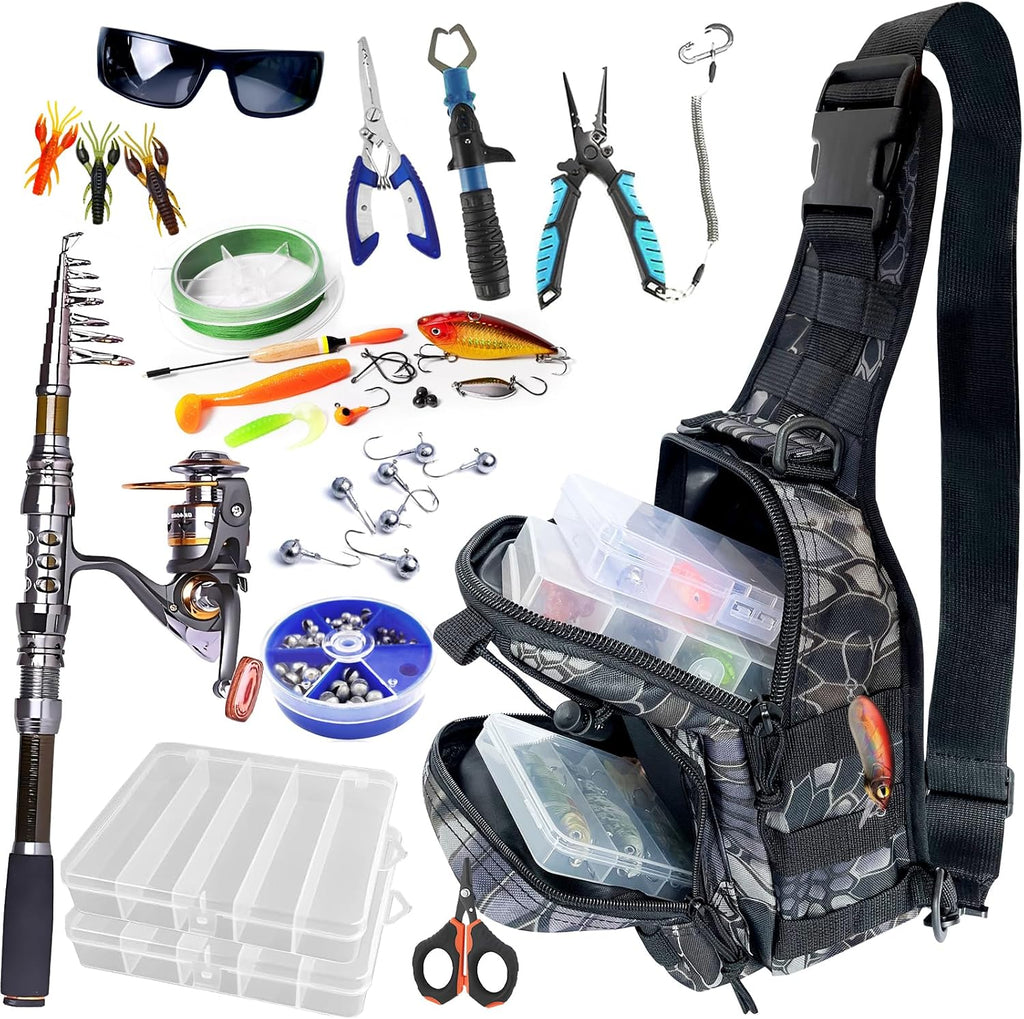 Kynzo Fishing Sling Backpack with Rod Holder, Water-Resistant Fishing Tackle Bag, Durable Shoulder Crossbody Pack for Freshwater Saltwater Fishing