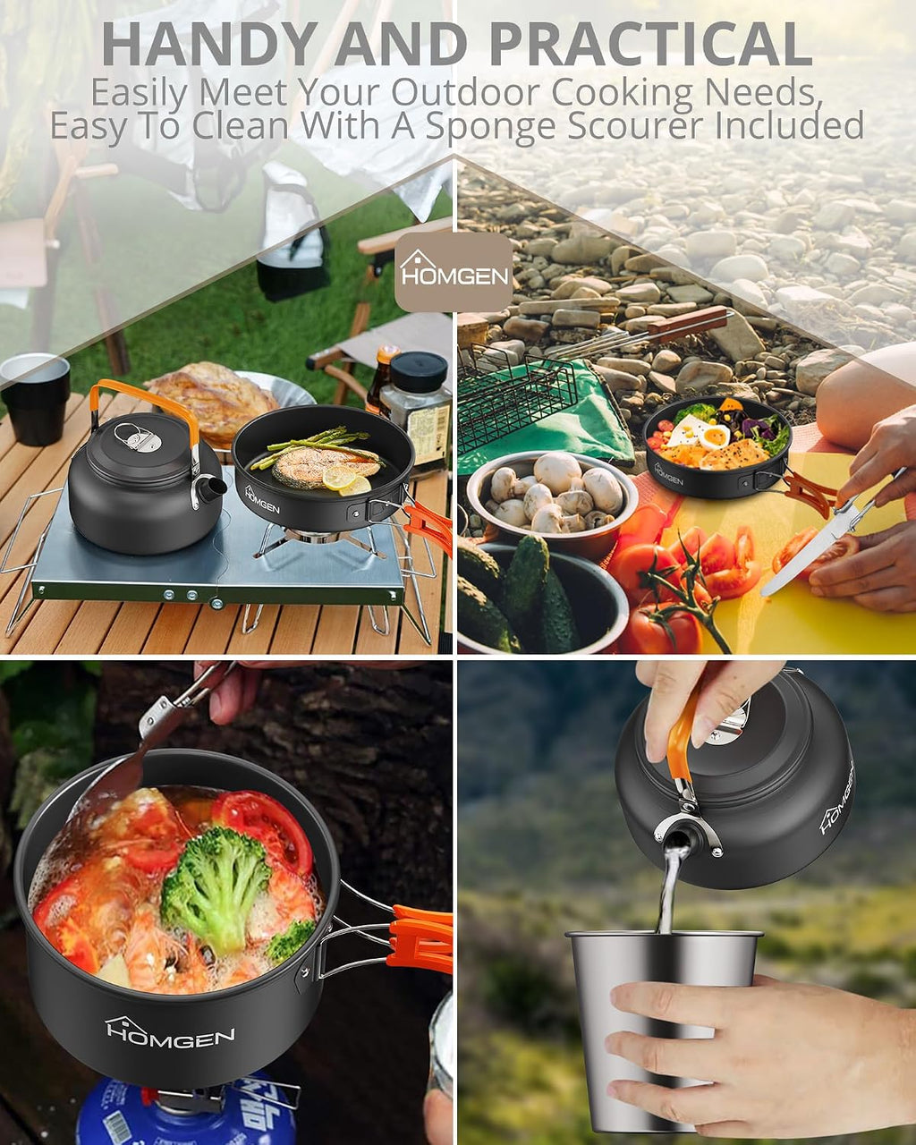 HOMGEN Portable Ultralight Anodized Aluminum Camping Cookware Set - Nesting Camping Pot and Pan-800ml Insulated Teapot-Carrying Bag-for Camping Hiking Picnic RV Trip