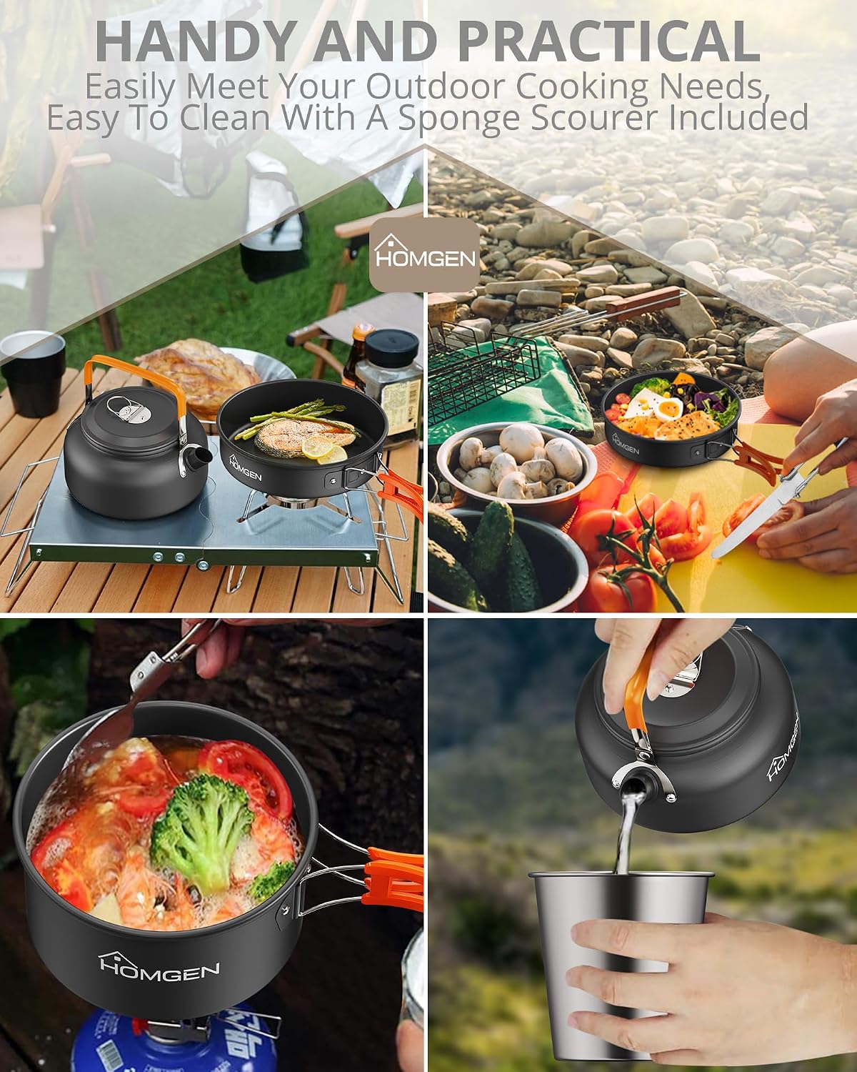 HOMGEN Portable Ultralight Anodized Aluminum Camping Cookware Set - Nesting Camping Pot and Pan-800ml Insulated Teapot-Carrying Bag-for Camping Hiking Picnic RV Trip