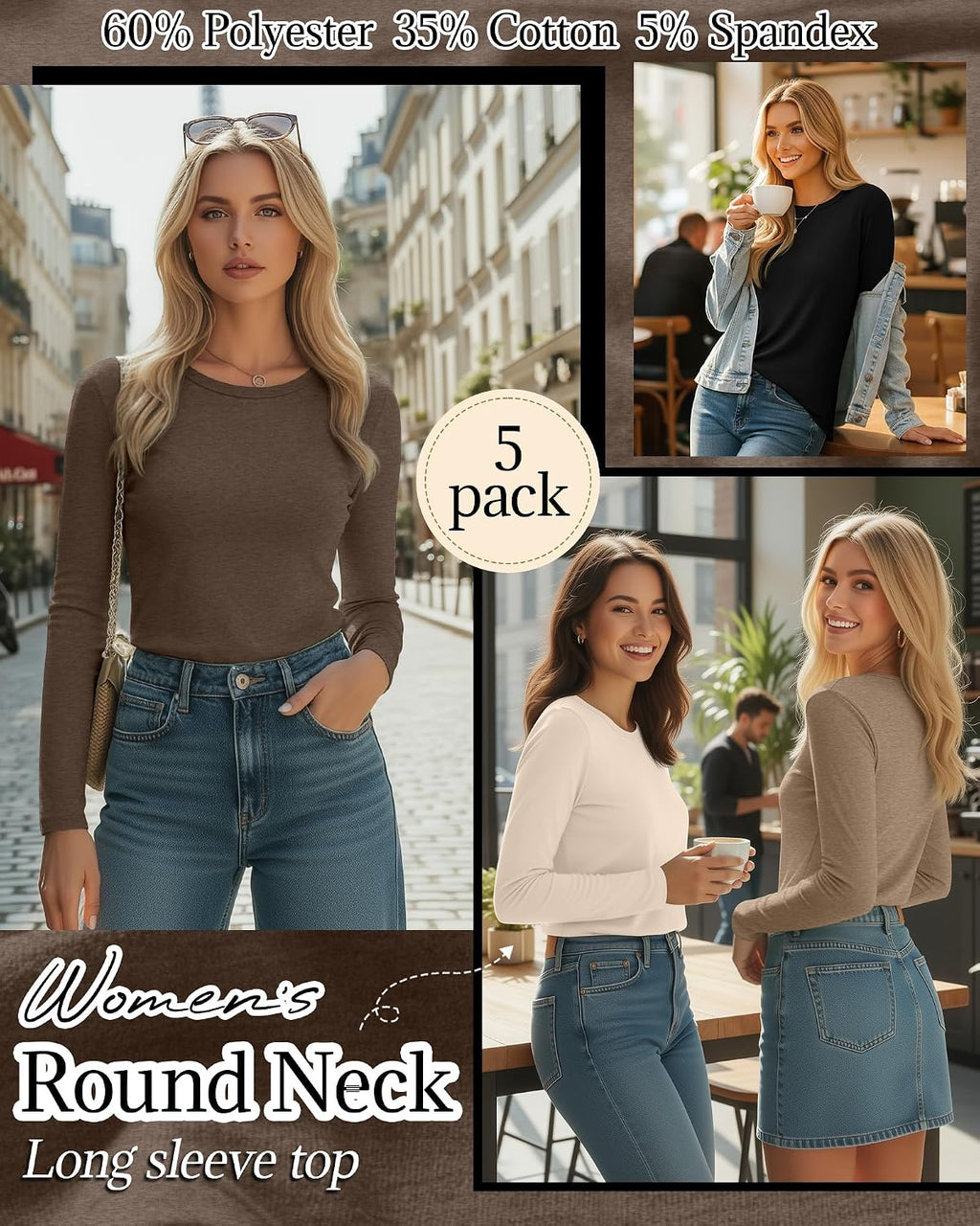 Huukeay 5 Pack Women's Crew Neck Long Sleeve Shirts
