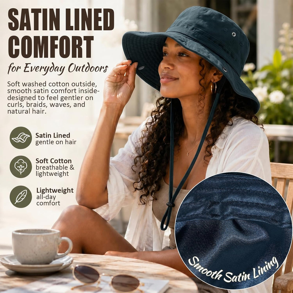 Womens Satin Lined Sun Hat UV Protection Washed Cotton Sun Hat with Satin Lining for Outdoor Beach Travel Hiking