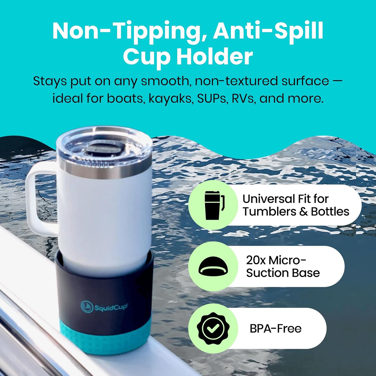 Non-Tipping Cup Holder for Boat - Anti-Spill Suction 12-30 oz