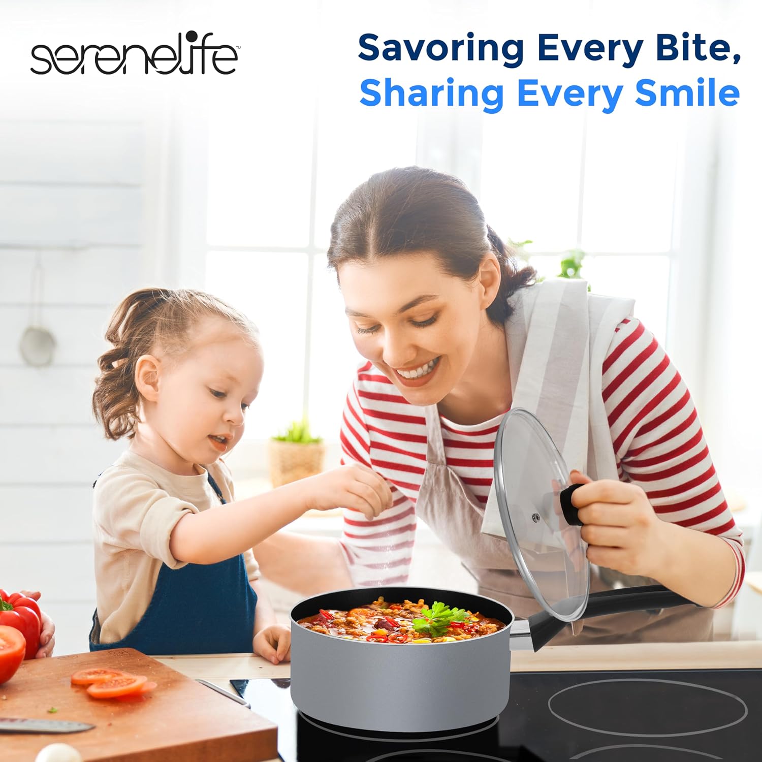 SereneLife Kitchenware Pots and Pans Set, Basic Kitchen Nonstick Cookware Set, Heat Resistant Lacquer (6-Piece Set), One Size, Gray