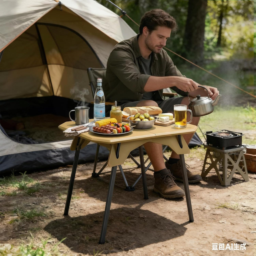 ele ELEOPTION Portable Small Folding Camping Table Aluminum Legs Khaki