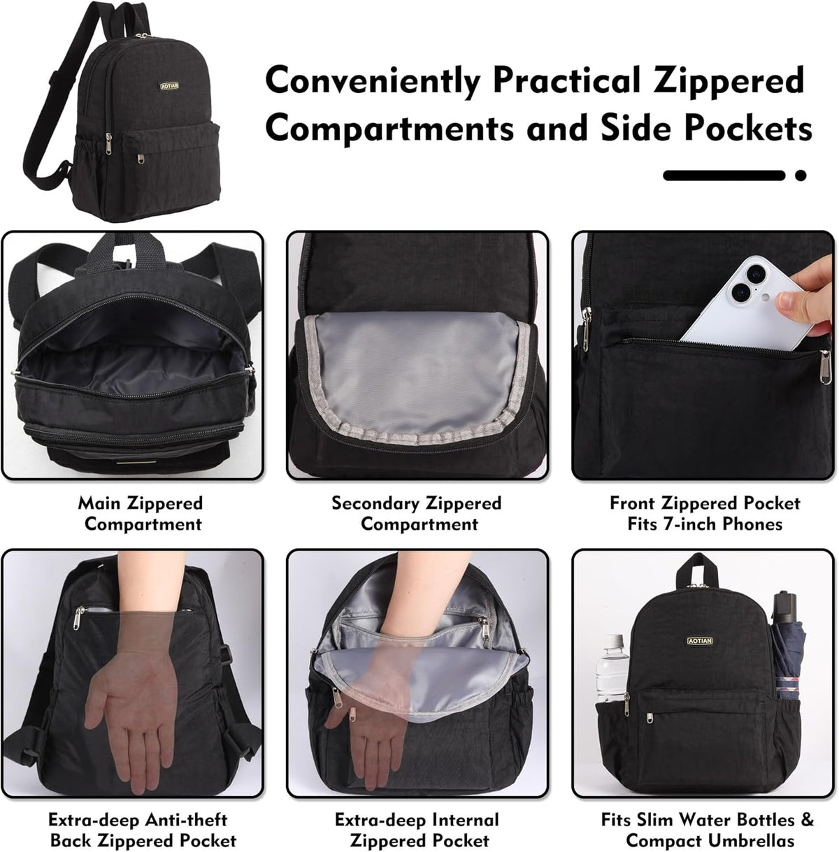 AOTIAN Lightweight Nylon Daypack, Small Hiking Backpack for Women