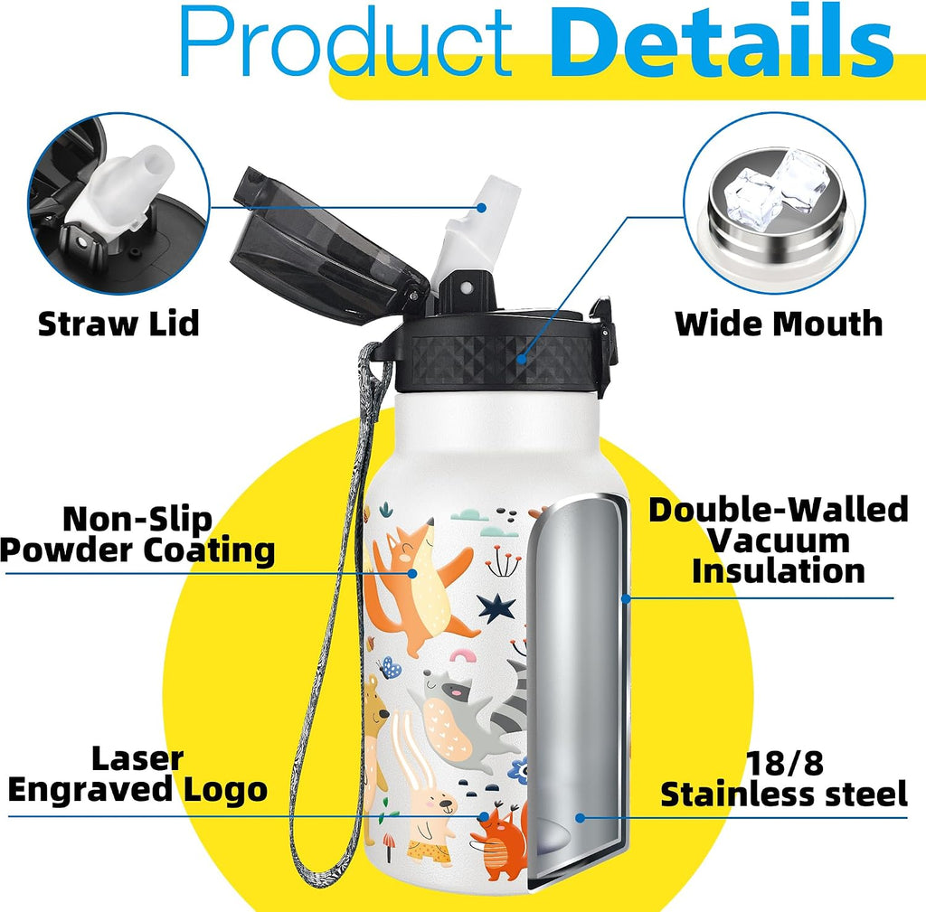 Han's Bottle Kids Water Bottle with Straw Lid - Insulated Stainless Steel Reusable Tumbler for Girls,Boys,Thermo Mug,12oz,Forest Animals