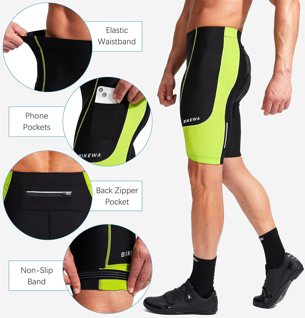 Bikewa Men's Bike Shorts 3D Padded Cycling Road Biking Mountain Riding Biker Bicycle UPF 50+ Cycle Shorts Zipper Pockets
