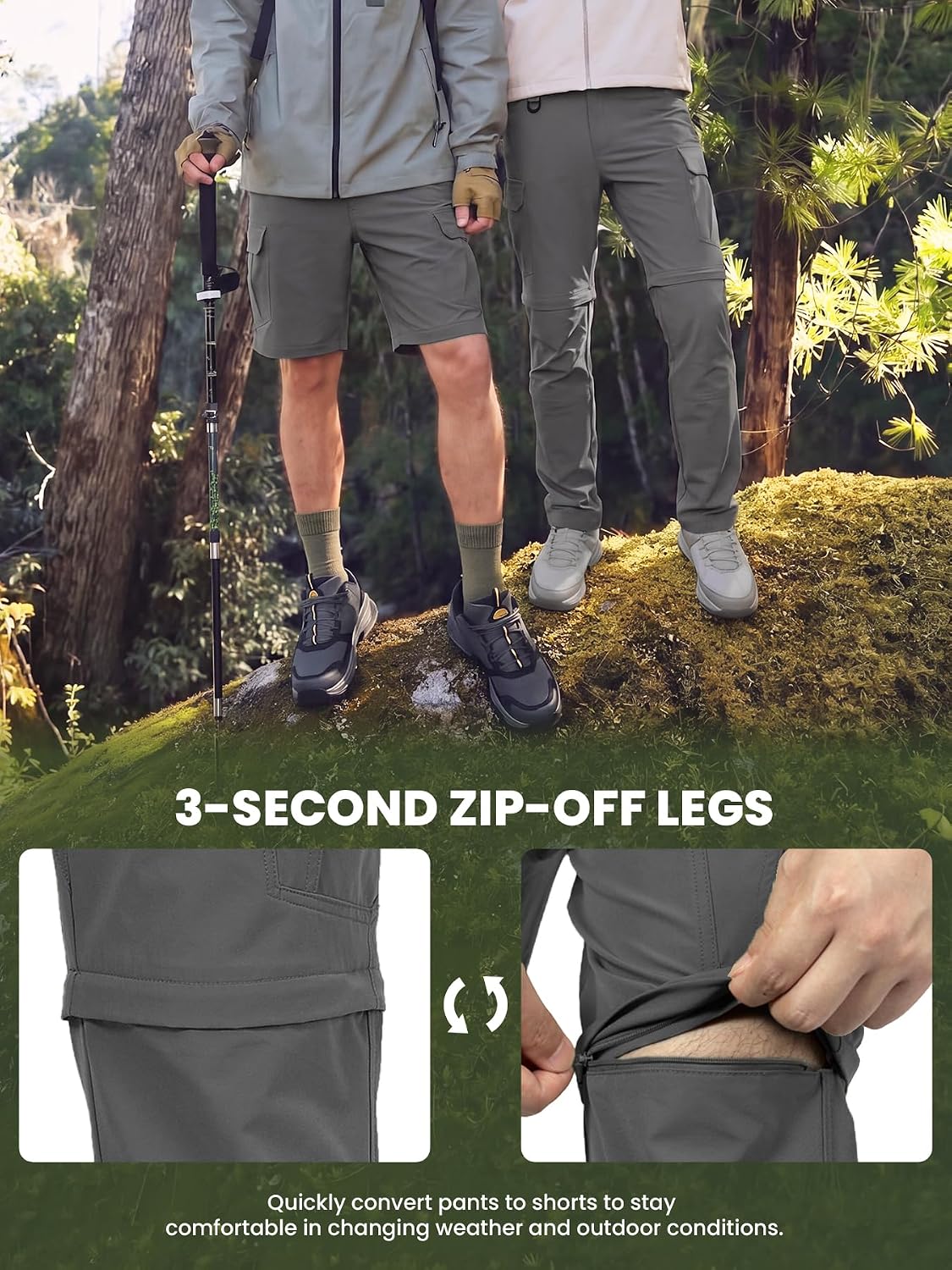 Men's Convertible Hiking Pants with 7 Pockets, Zip-Off Quick-Dry