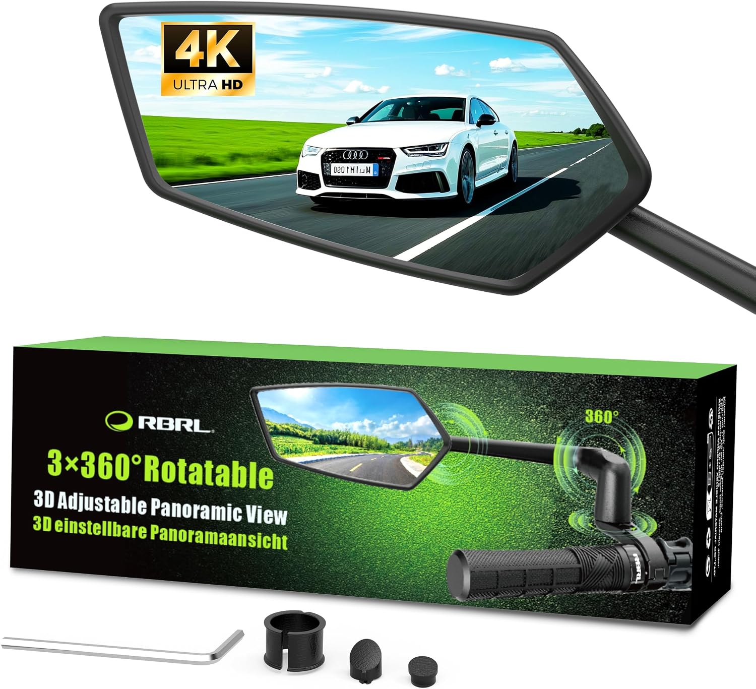 RBRL Bike Mirror, 3D Adjustable Arm for Extended Reach, Aluminum Alloy Anti-shake Bicycle Rearview Mirrors, 360° Panoramic Rearview, Wide Angle Shatterproof & Foldable E-bike Mirror(right)