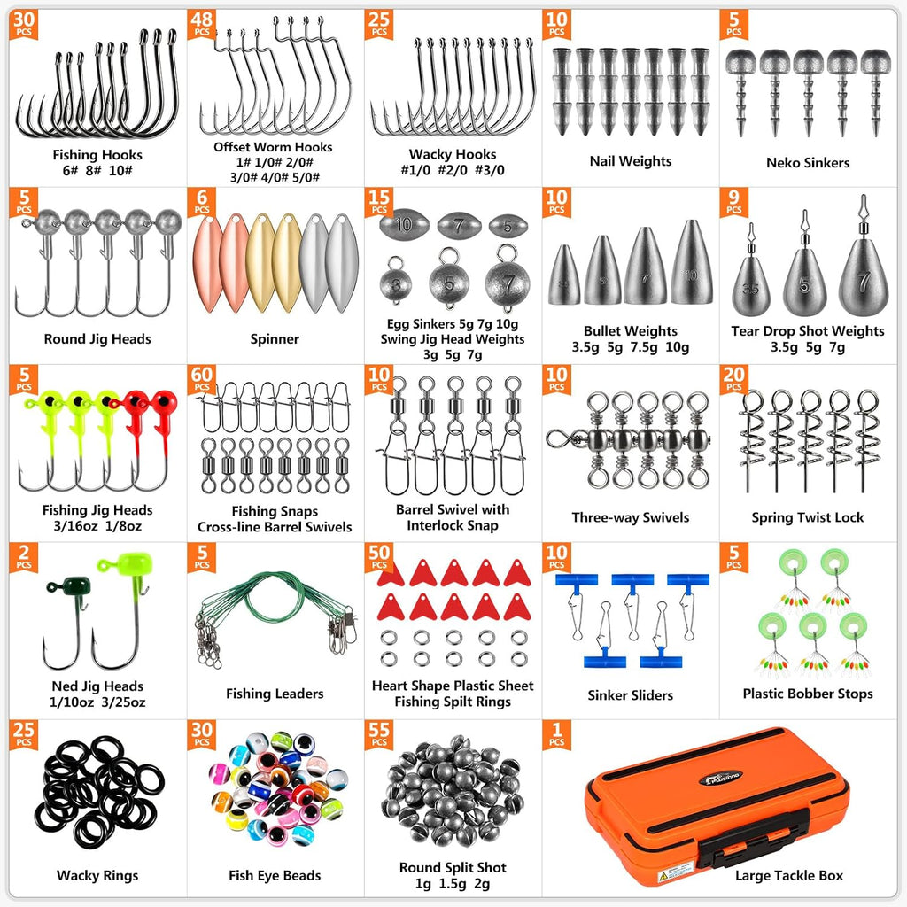 PLUSINNO Fishing Gear Accessories Kit, 449PCS Fishing Tackle Box with Tackle Included, Fishing Hooks, Fishing Weights Sinkers, Jig Heads, Fishing Tackle Set Equipment for Bass Trout, Gifts for men
