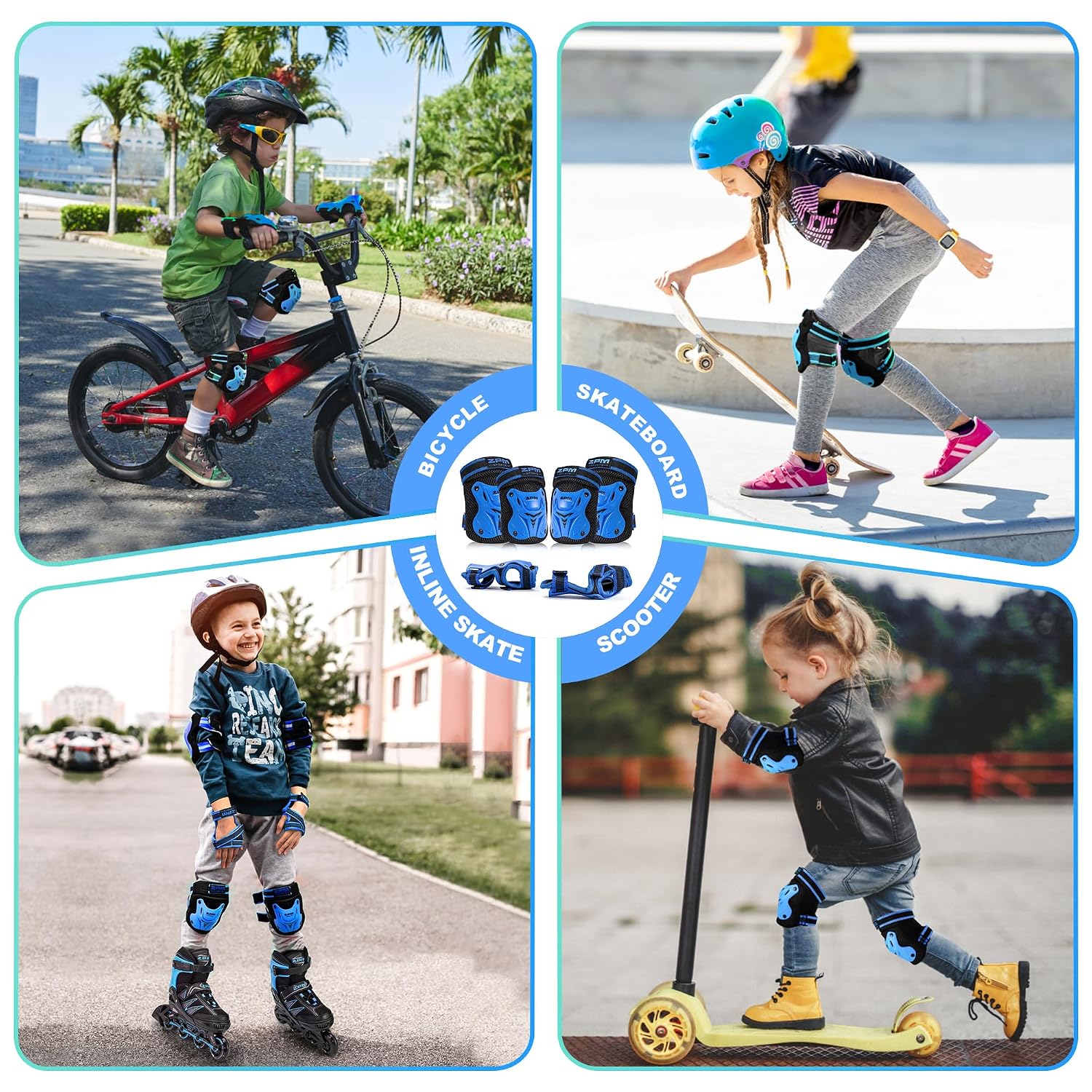 2PM SPORTS Knee Pads for Kids, Wrist Guards Knee and Elbow Pads Set with Drawstring Bag, Protective Gear Set for Girls Boys Roller Skating Cycling Skateboard - Blue Medium