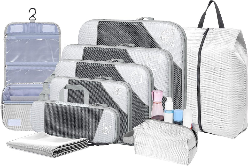 9-Set Packing Cubes with Hanging Bag | 9-Size Combination, Mesh Fabric & Reflective Stripe | Travel Luggage Organizers (Beige)