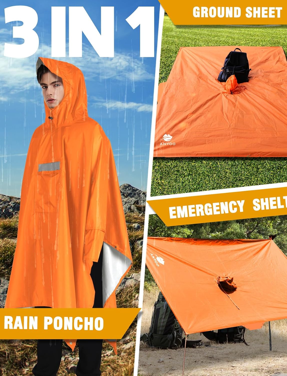 ANYOO Hooded Rain Poncho for Adult Waterproof Lightweight Raincoat