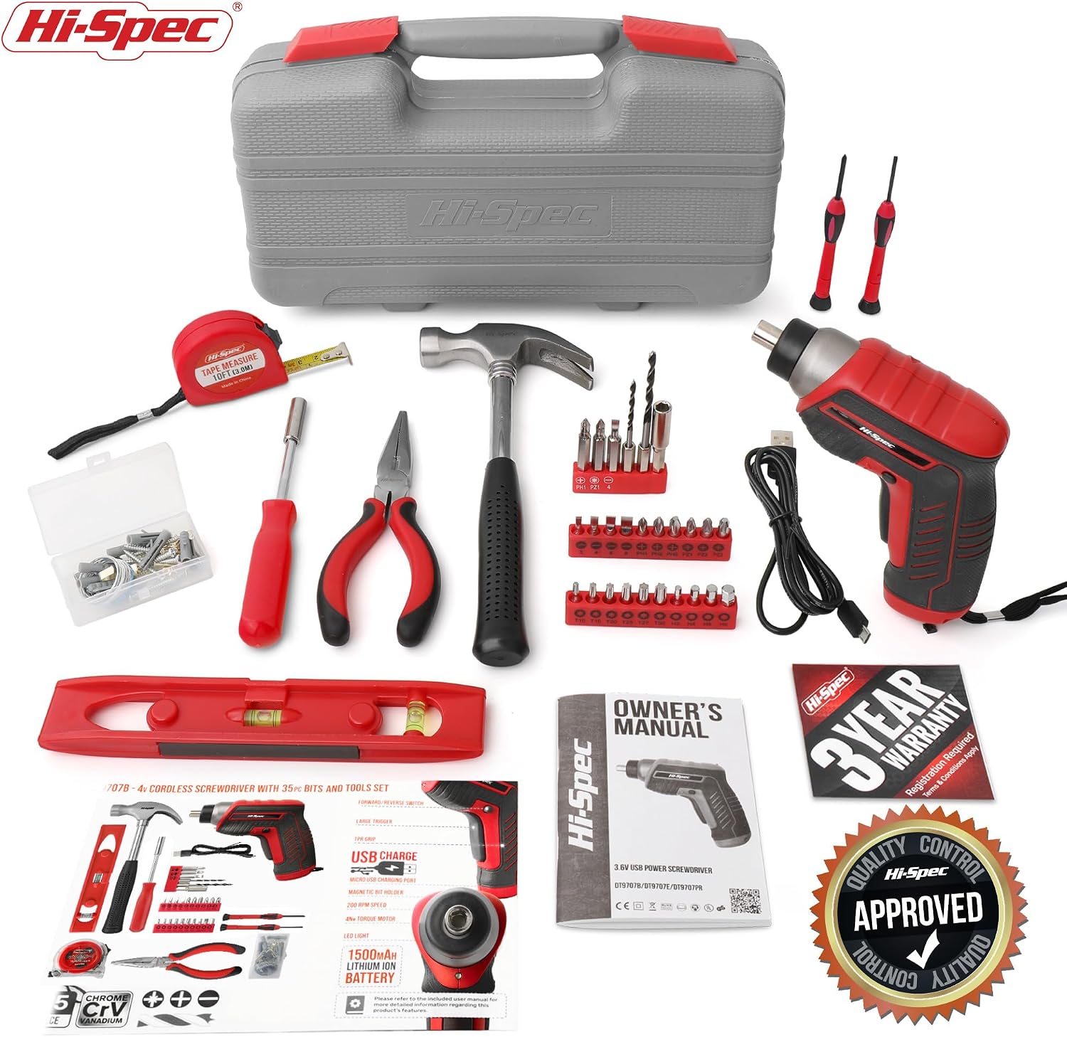 Hi-Spec 3.6V USB Electric Screwdriver for Home Repairs and Assembly, Red